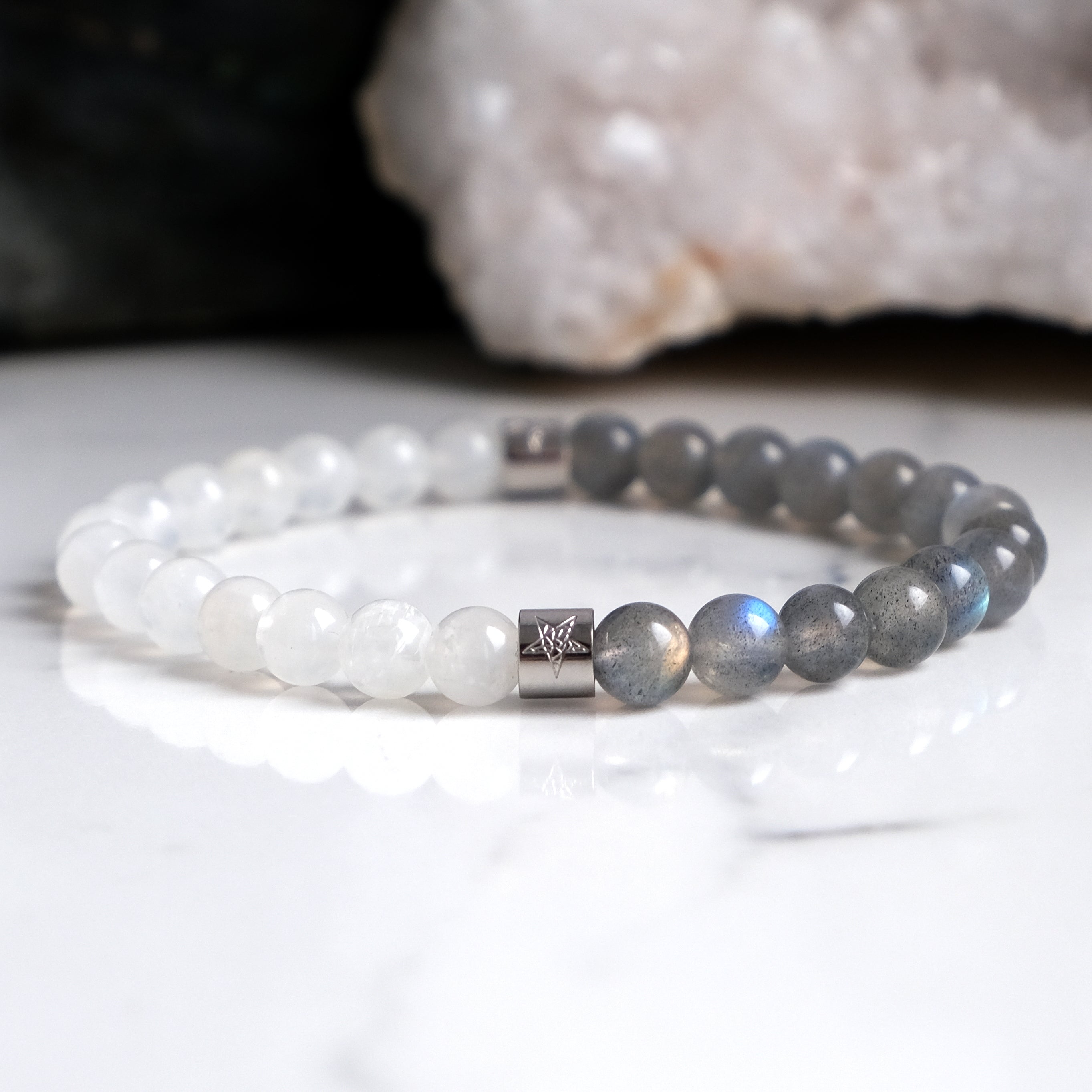 Labradorite and moonstone gemstone bracelet with stainless steel accessories