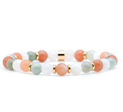 A 6mm moonstone, sunstone and jade gemstone bracelet with 18ct gold plated accessories