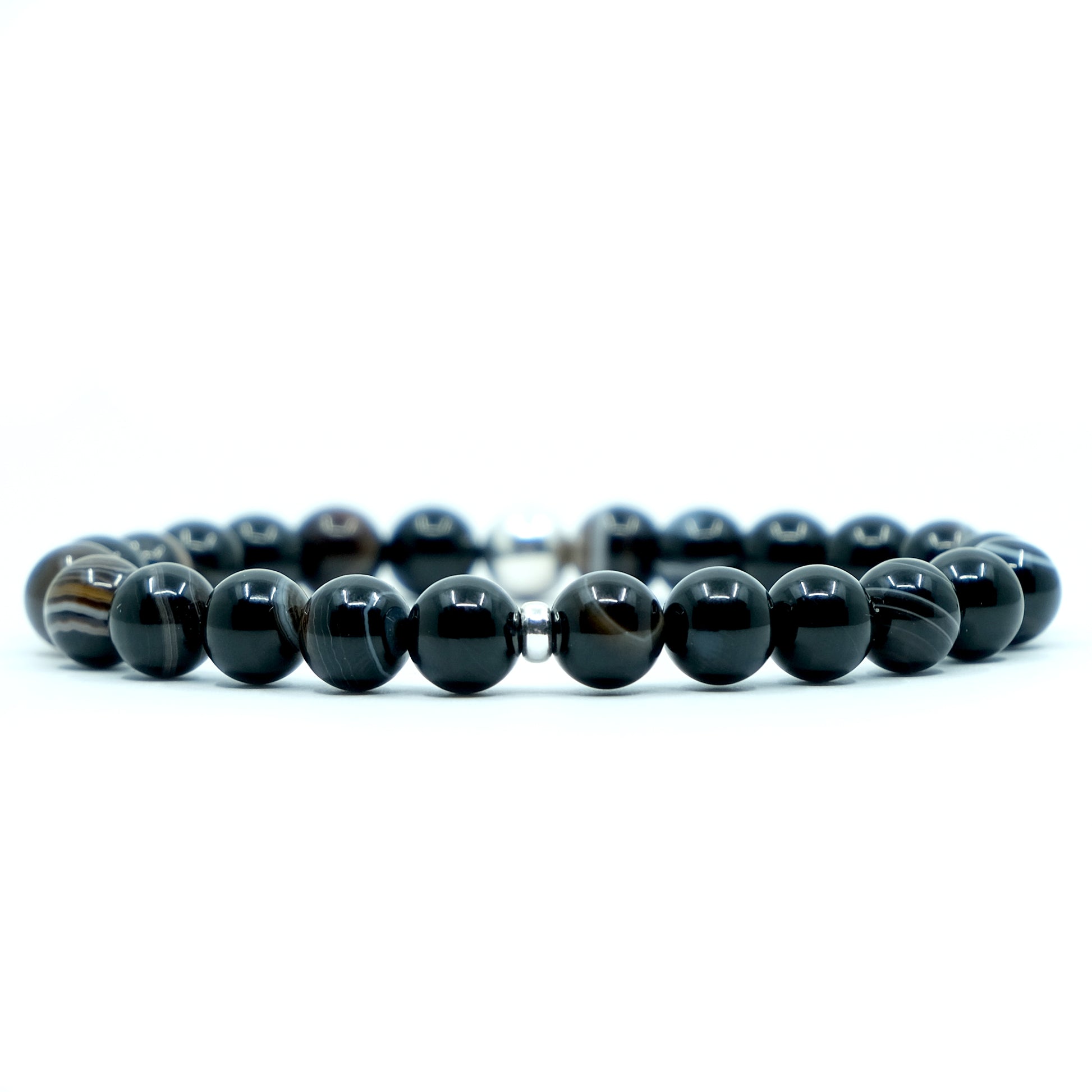 8mm black agate gemstone stretch bracelet with silver feature bead
