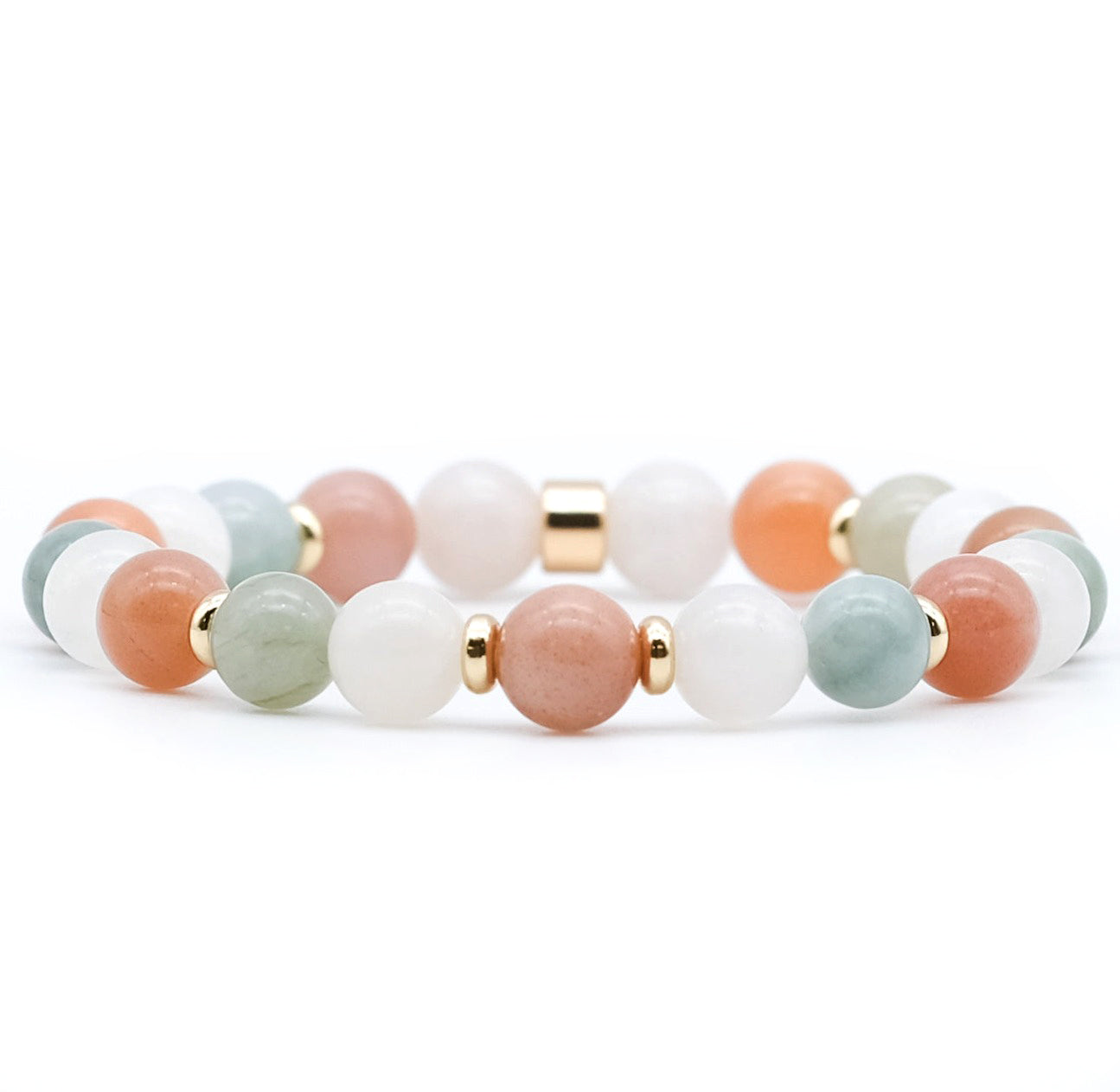A moonstone, sunstone and jade gemstone bracelet with 18ct gold plated accessories