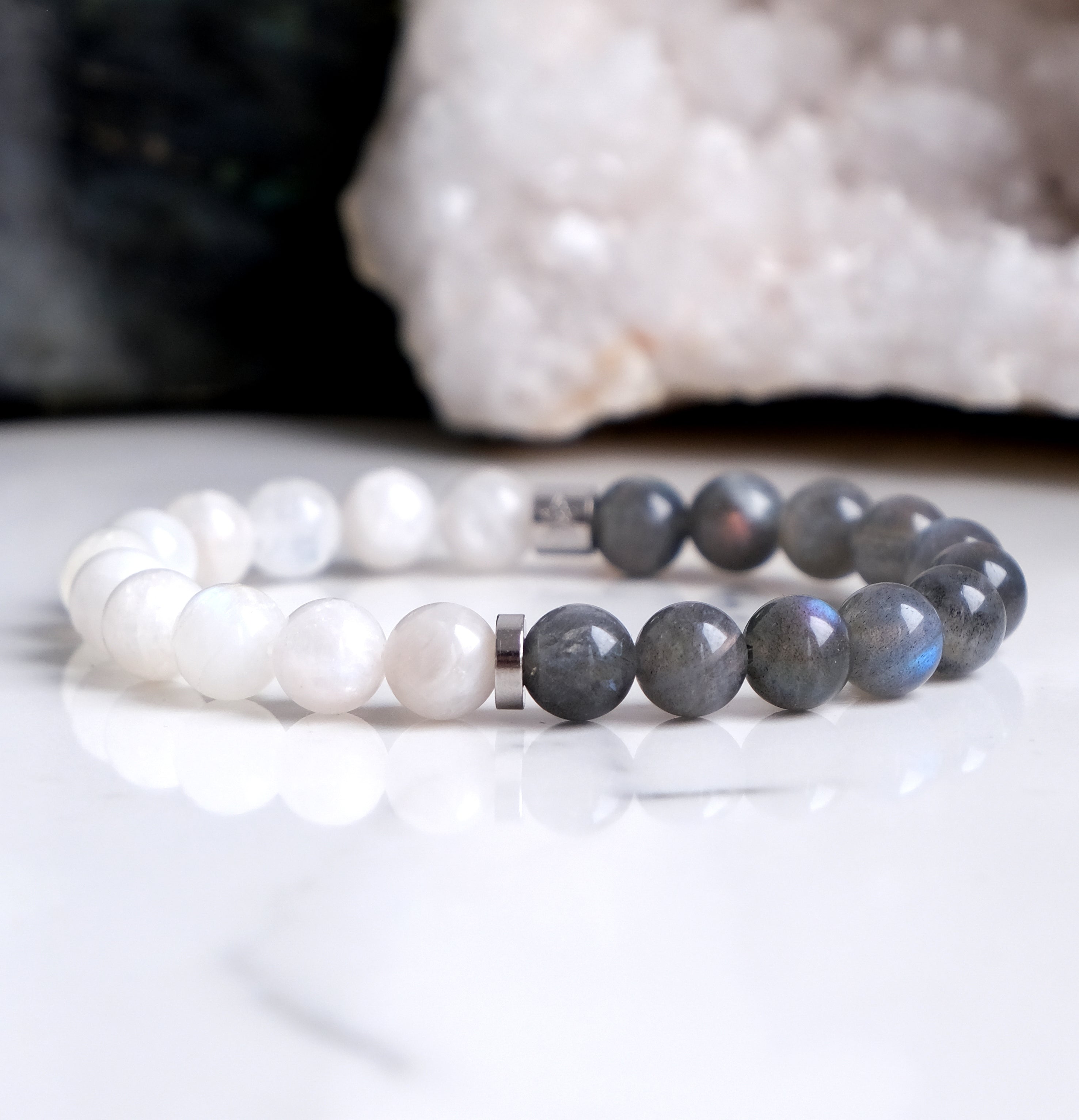 Labradorite and moonstone gemstone bracelet with stainless steel accessories