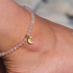 Rose Quartz crystal anklet with 18ct gold moon charm