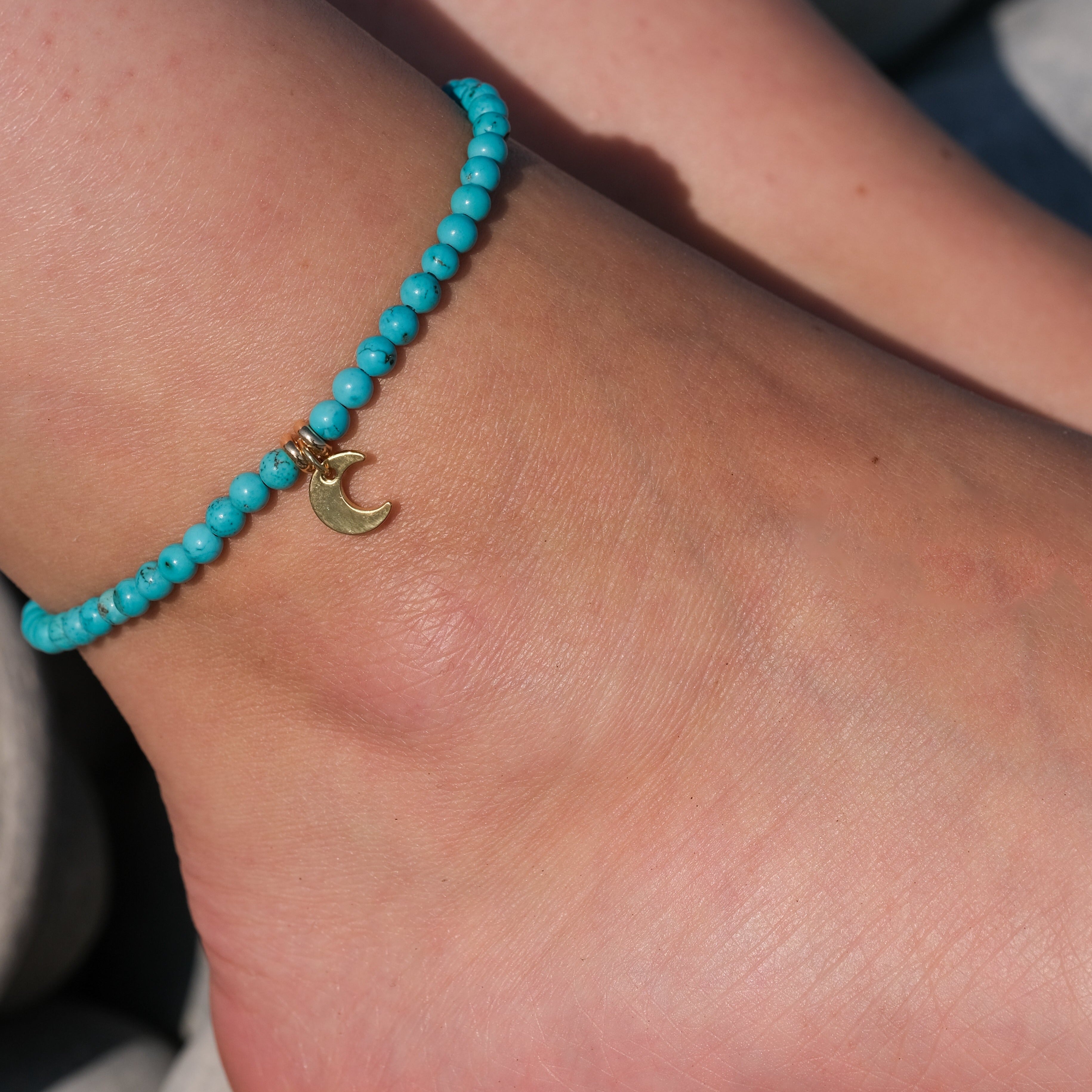Turquoise crystal anklet with gold moon charm