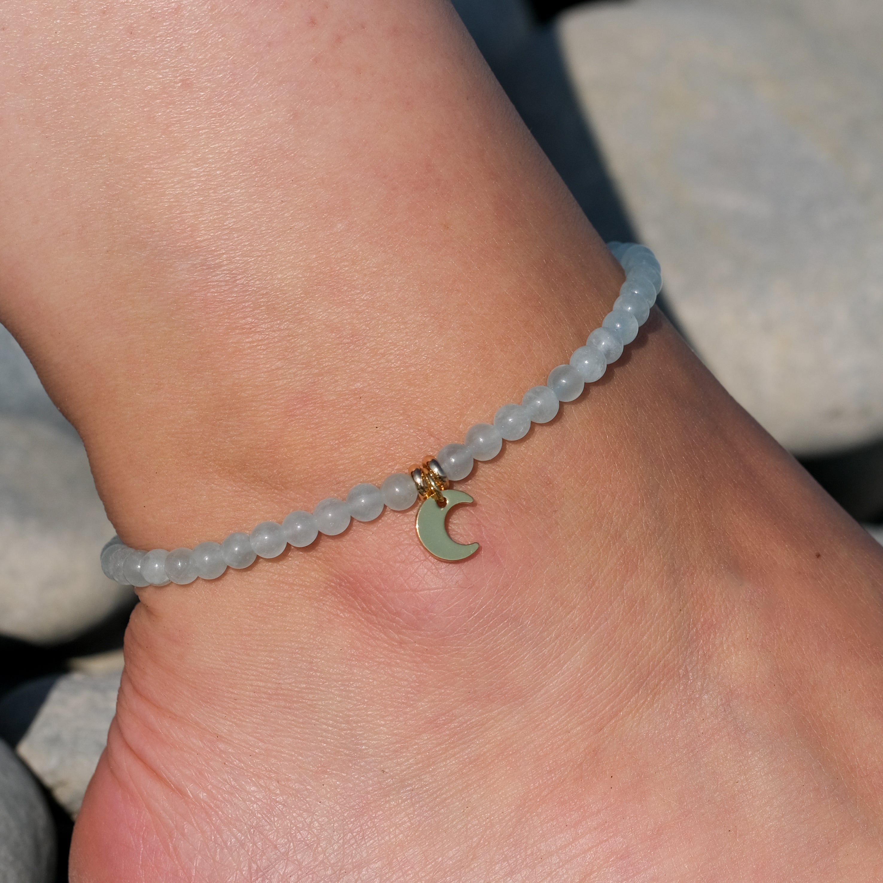 Aquamarine crystal anklet with 18ct gold plated moon charm