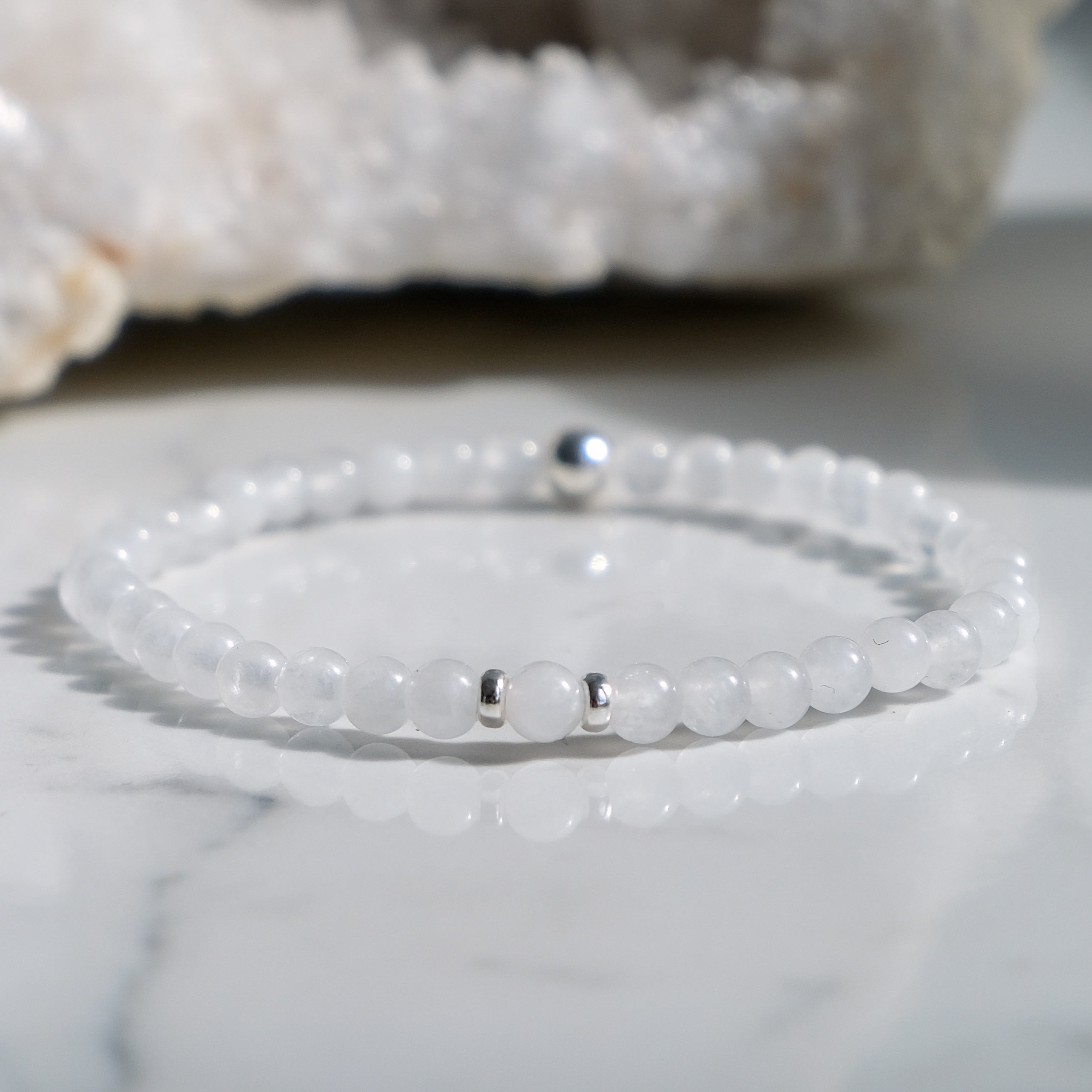 white jade 4mm gemstone bracelet with 925 silver feature bead