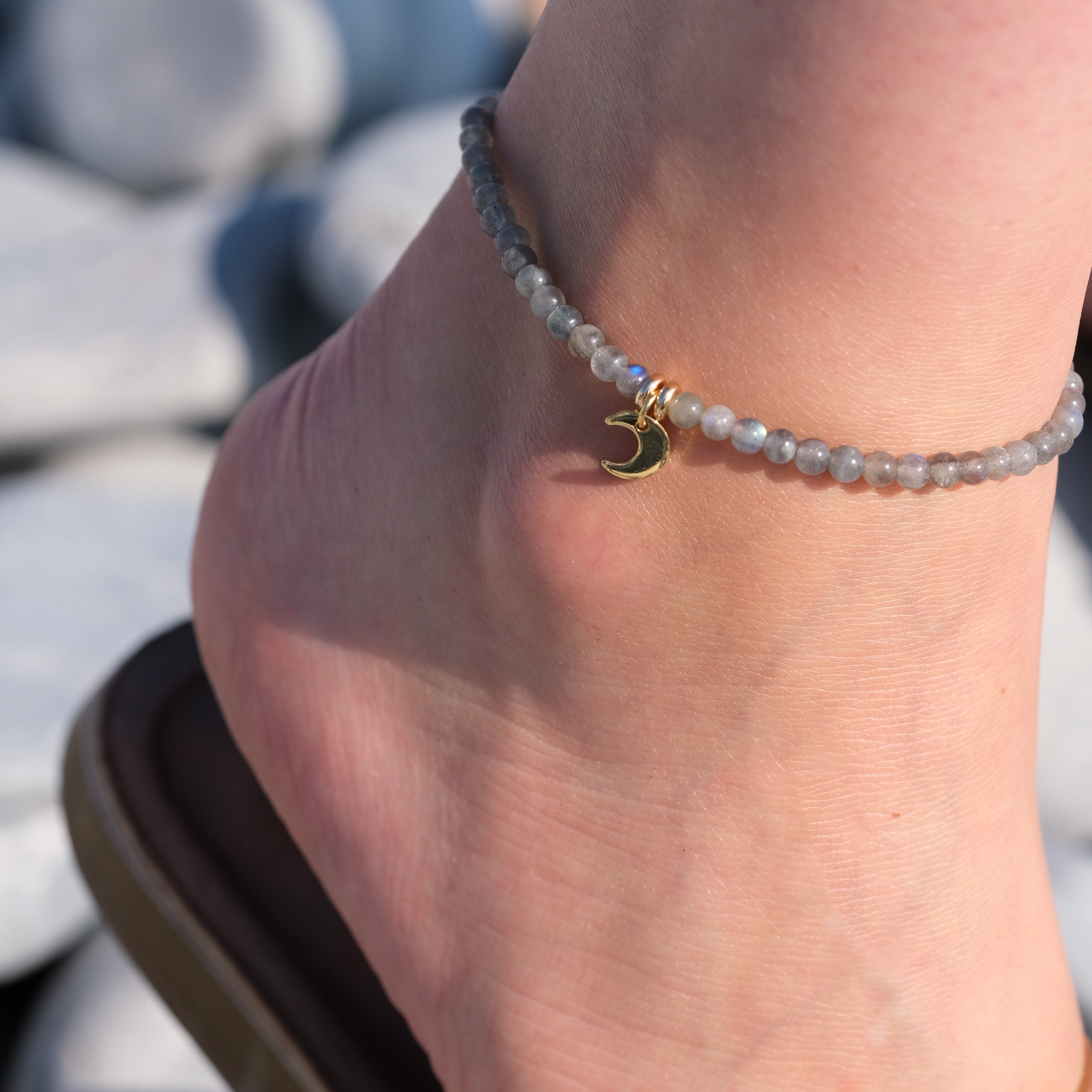Labradorite crystal anklet with 18ct gold plated moon charm