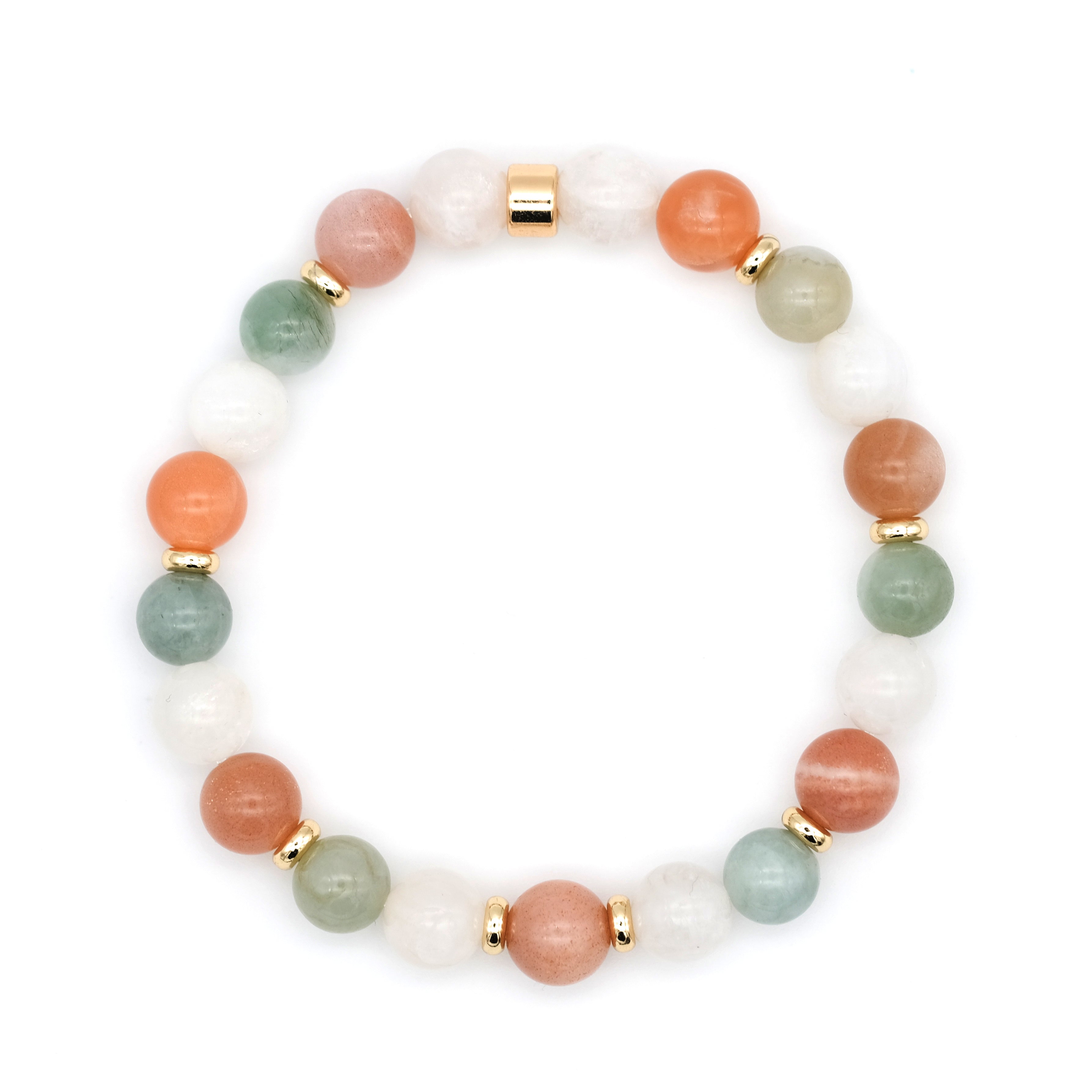A moonstone, sunstone and jade gemstone bracelet with 18ct gold plated accessories from above