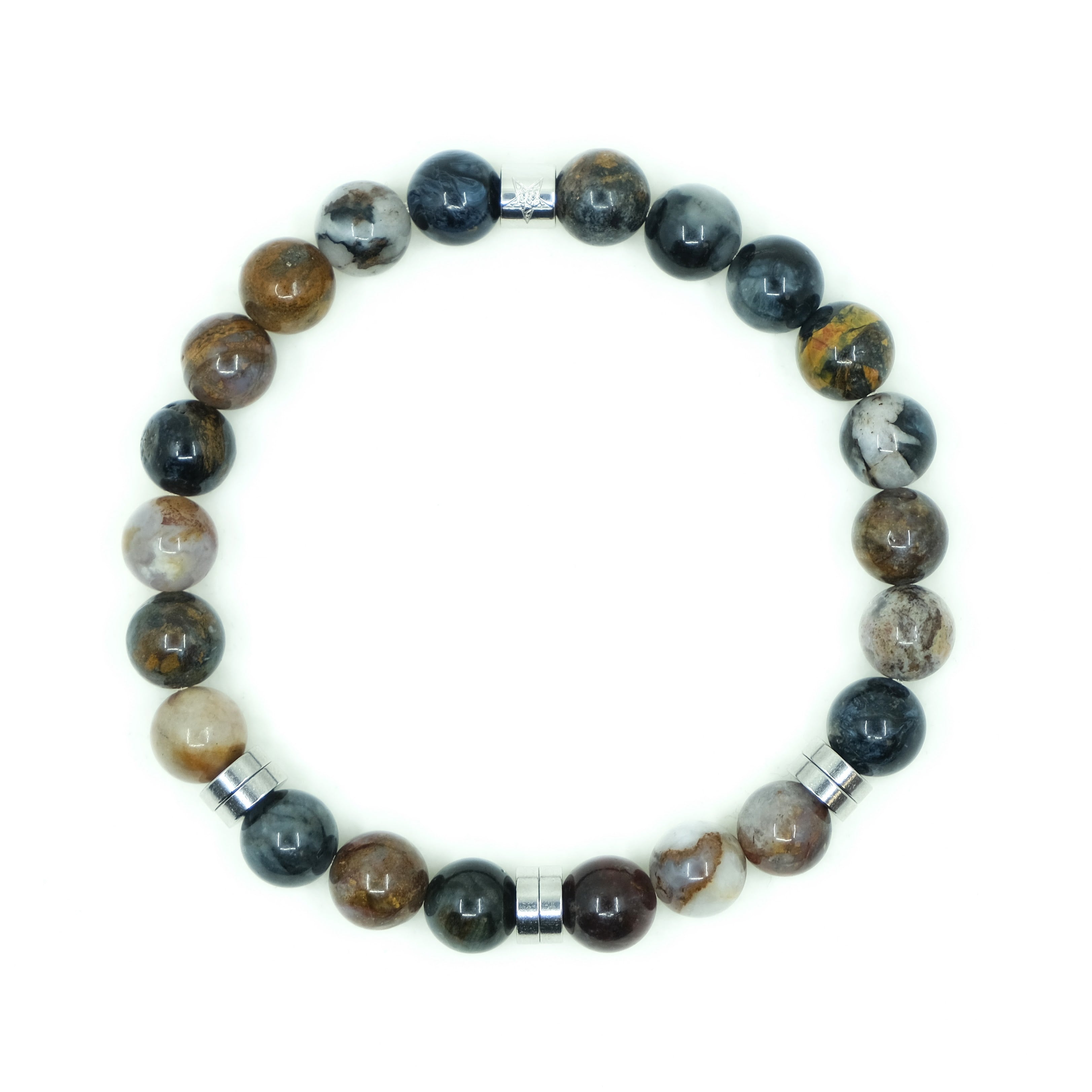 A Pietersite gemstone bracelet with stainless steel accessories from above