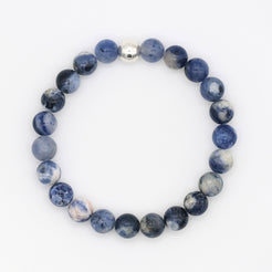 Sodalite gemstone bracelet with silver bead accessory from above