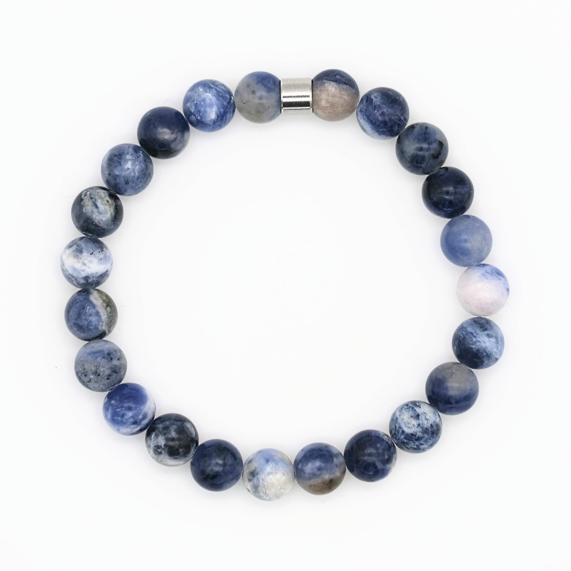 Sodalite gemstone bracelet with stainless steel accessory from above