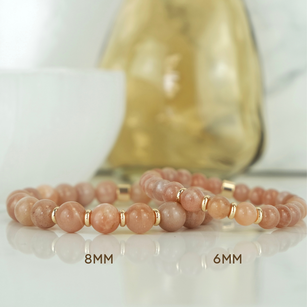 Sunstone energy gemstone bracelet with gold plated accessories in both 8mm and 6mm size beads