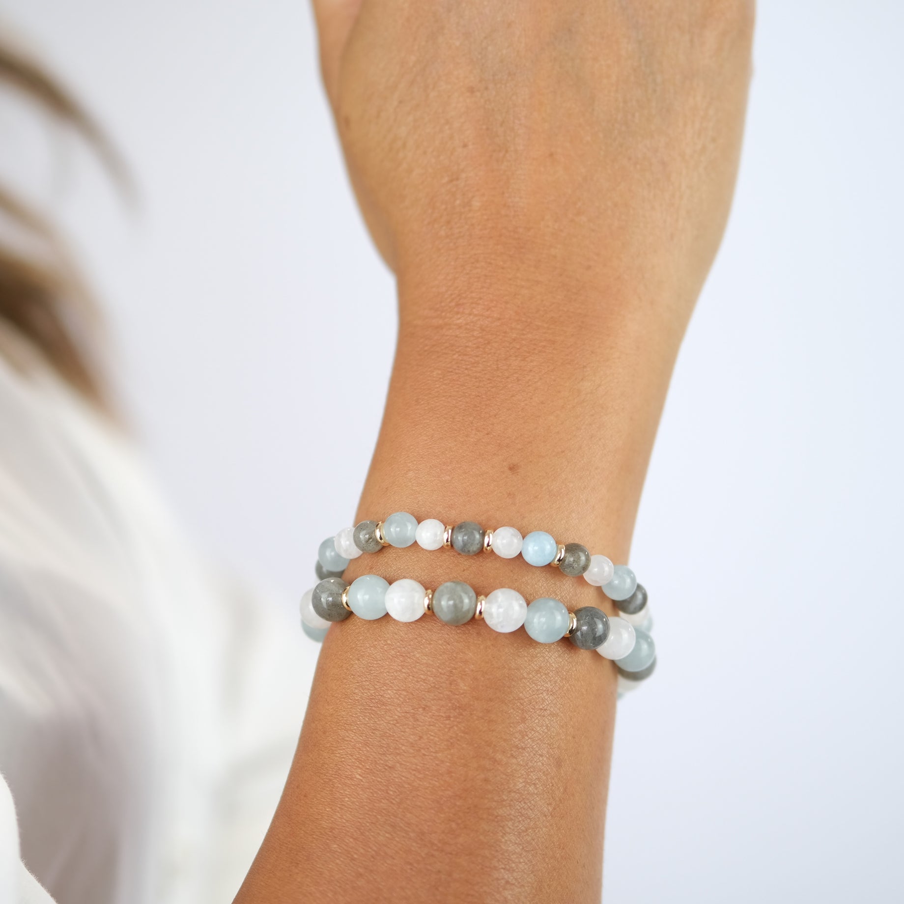 Moonstone E ergy Bracelets by Samayla Jewelleey. 8mm & 6mm gemstone bracelets. Moonstone Magic energies. Picture shows on wrist