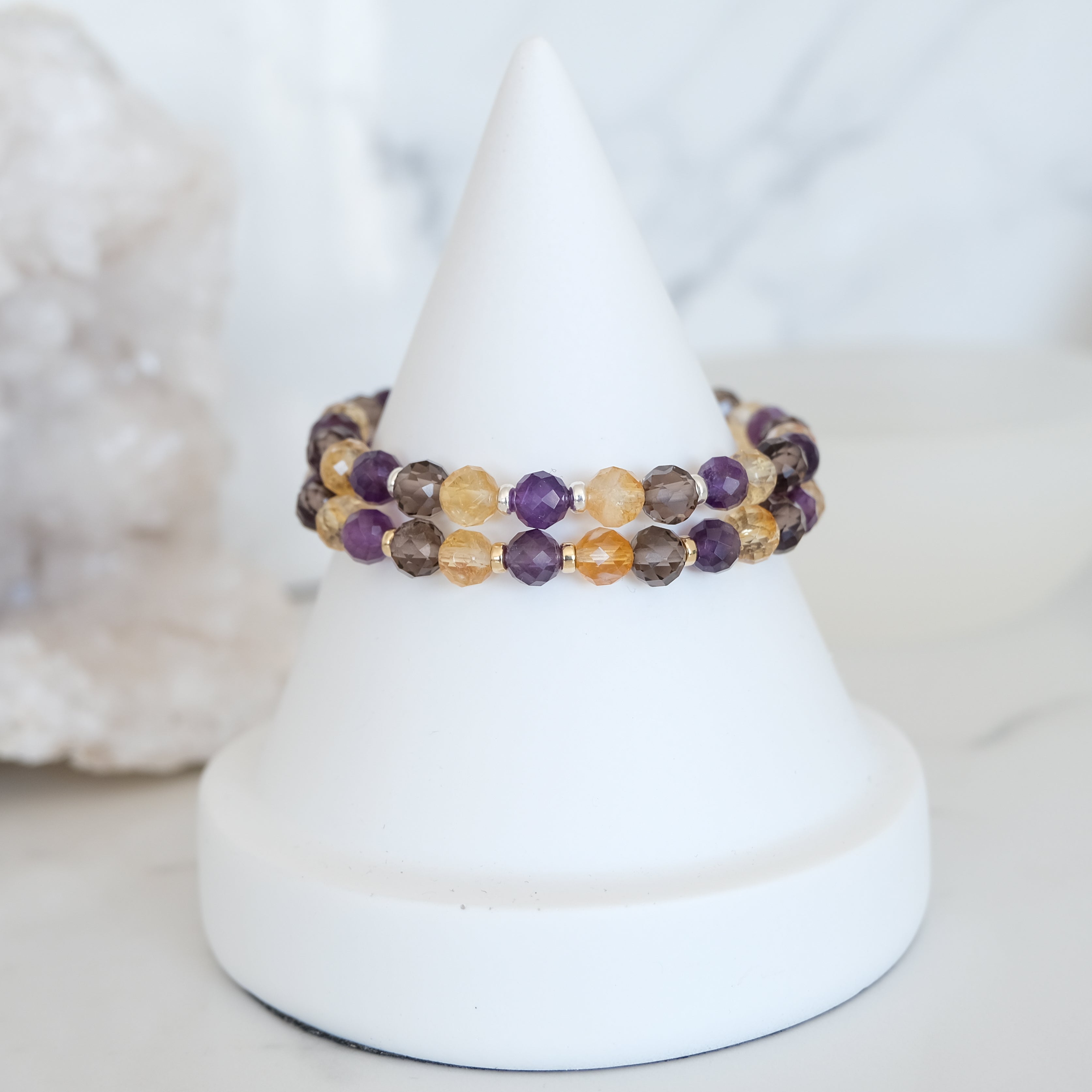 Ice obsidian, citrine and amethyst faceted crystal bracelet