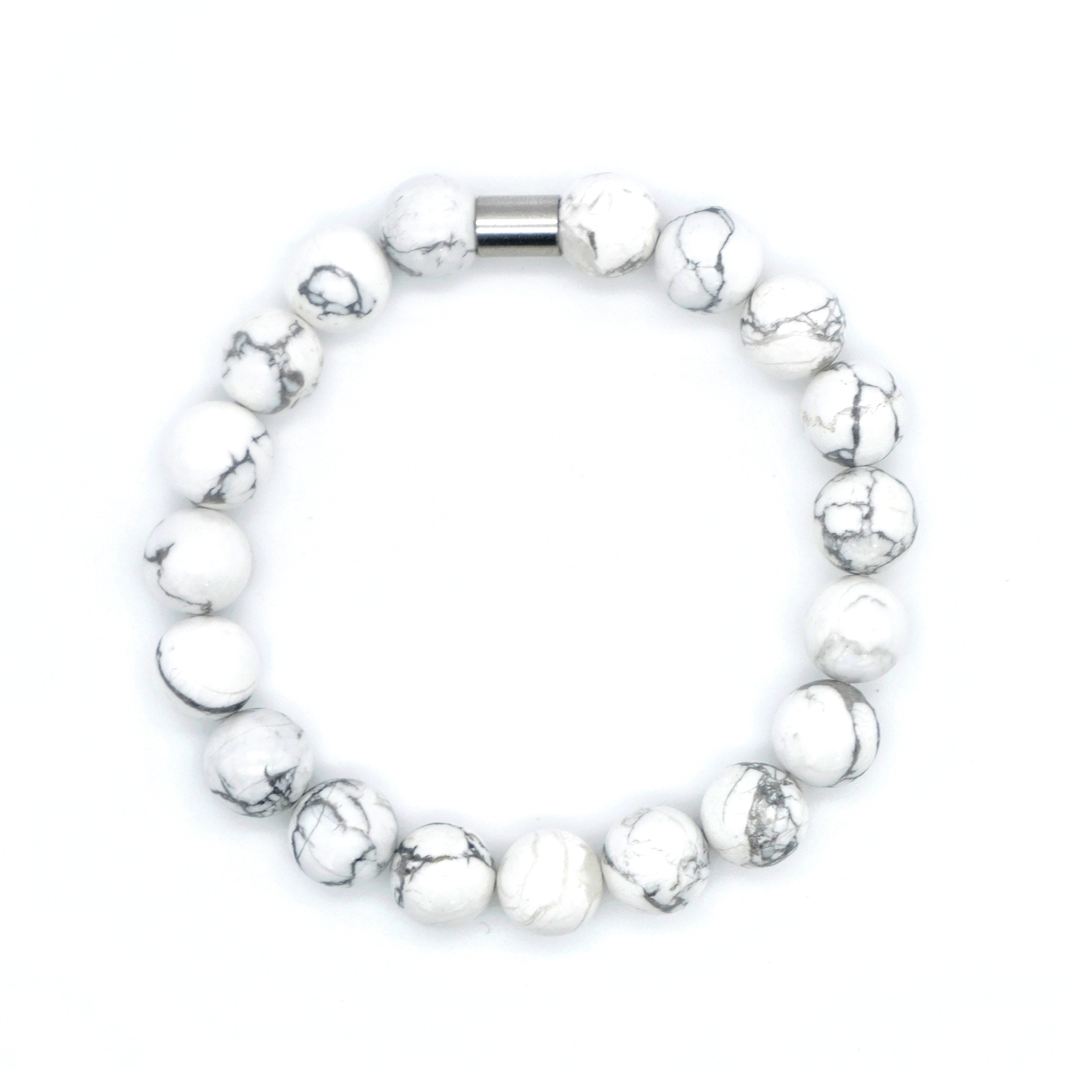 howlite gemstone bracelet in 10mm beads with stainless steel accessory from above