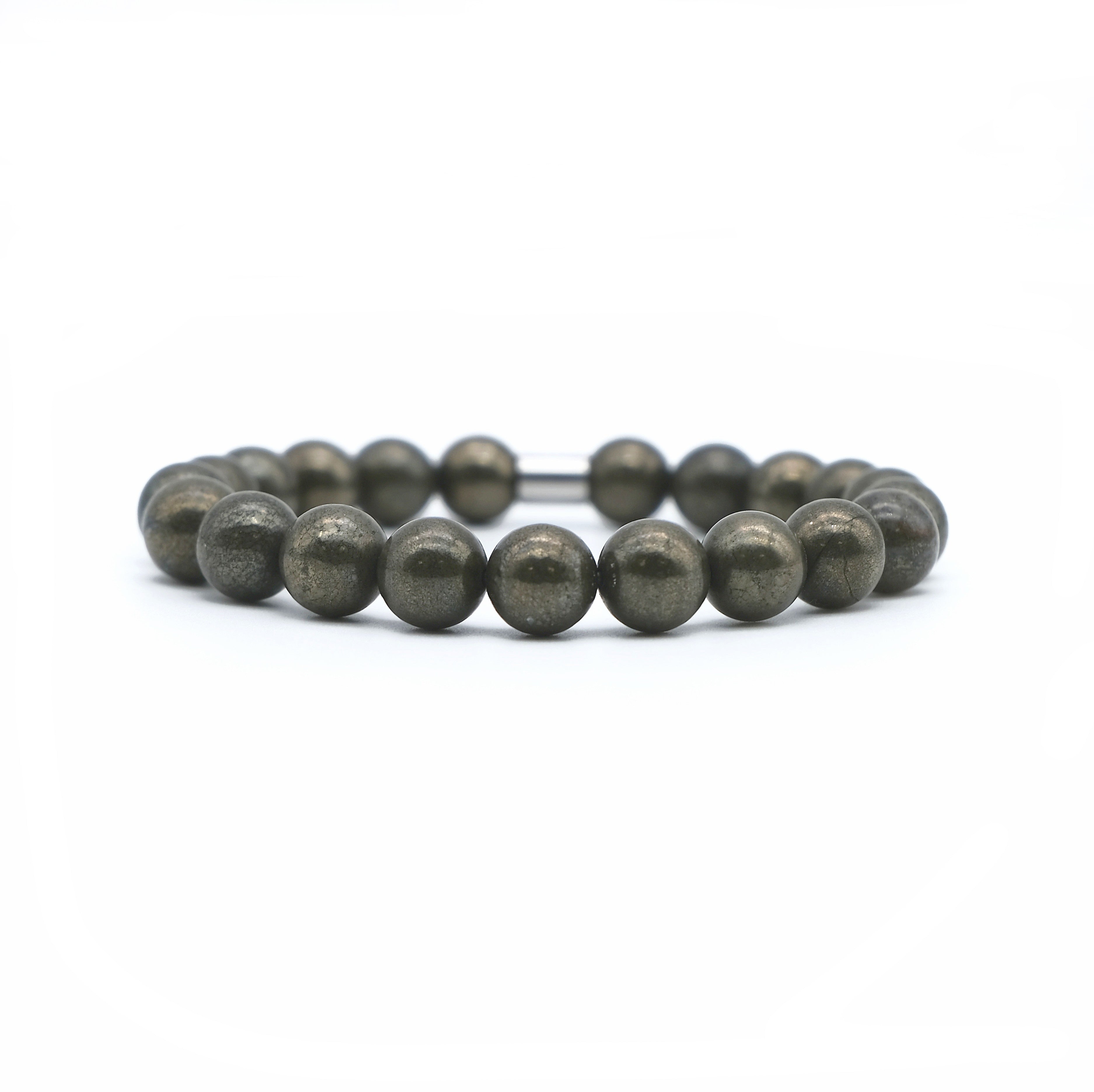pyrite gemstone bracelet in 10mm beads with stainless steel column bead