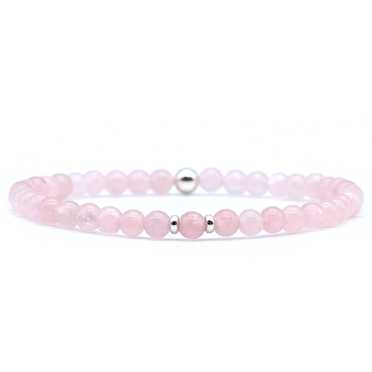A rose quartz gemstone bracelet in 4mm beads with silver accessories