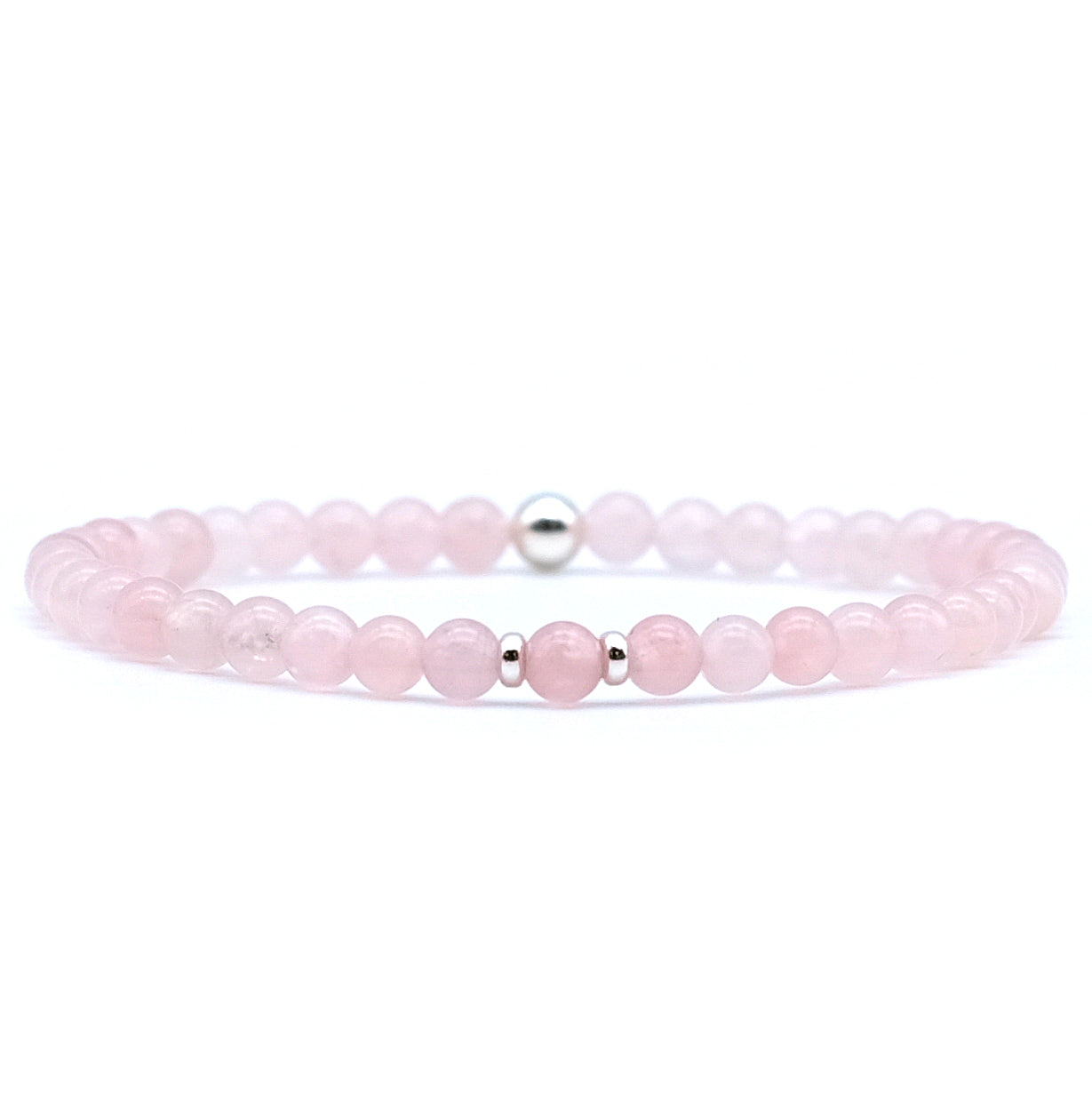 A rose quartz gemstone bracelet in 4mm beads with silver accessories