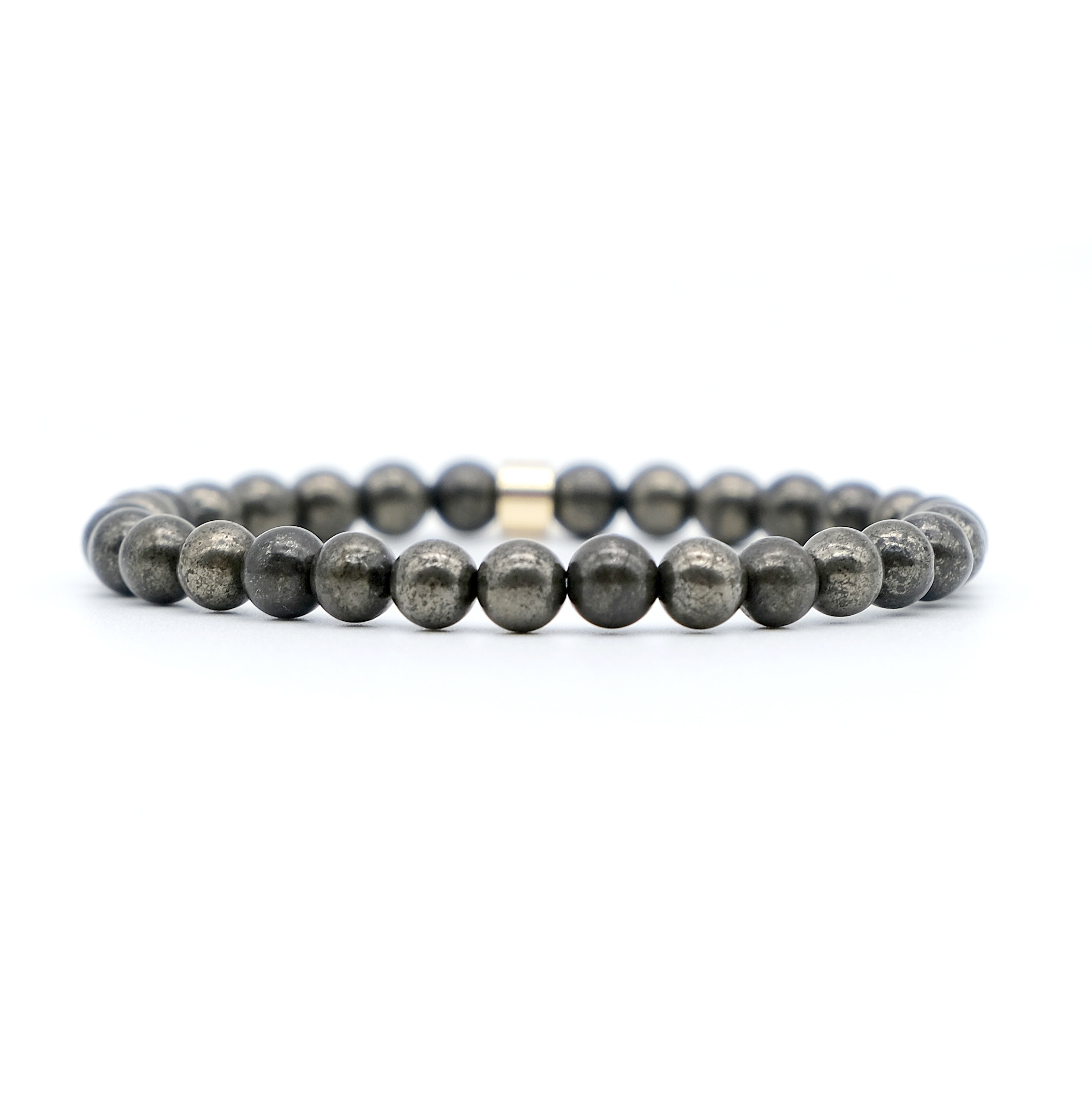 A pyrite gemstone bracelet in 5mm beads with gold plated accessory