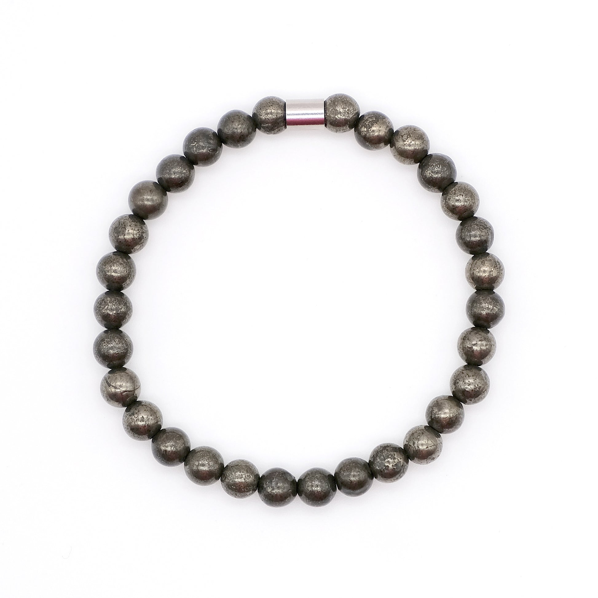 A pyrite gemstone bracelet in 5mm beads with steel accessory from above