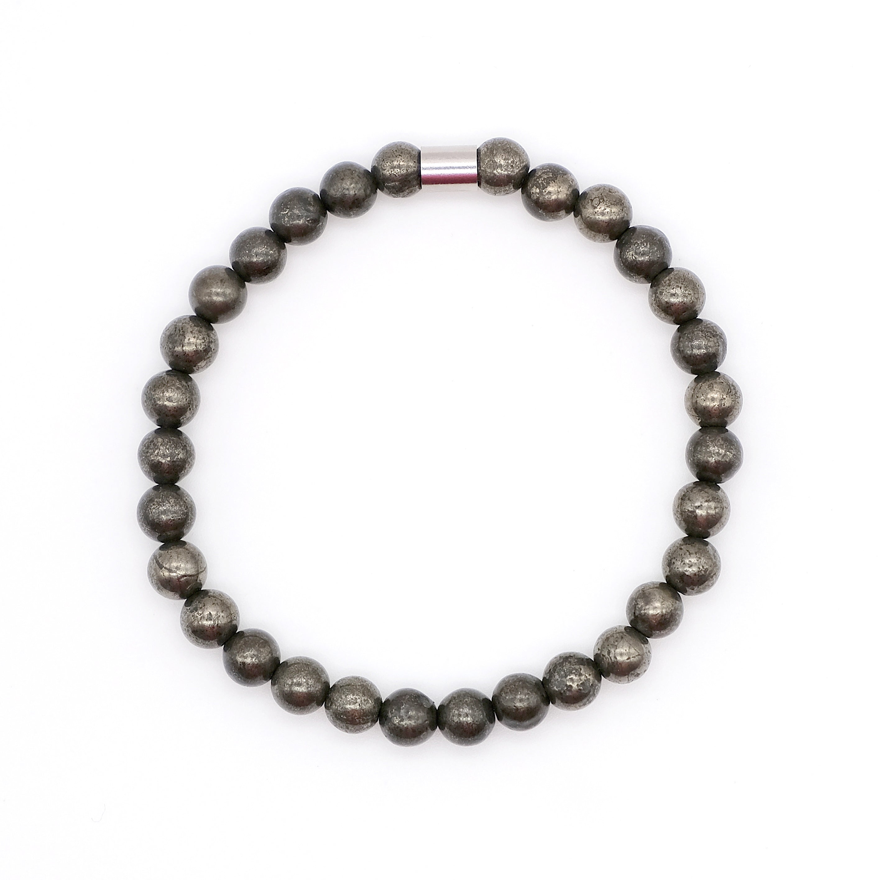A pyrite gemstone bracelet in 5mm beads with steel accessory from above