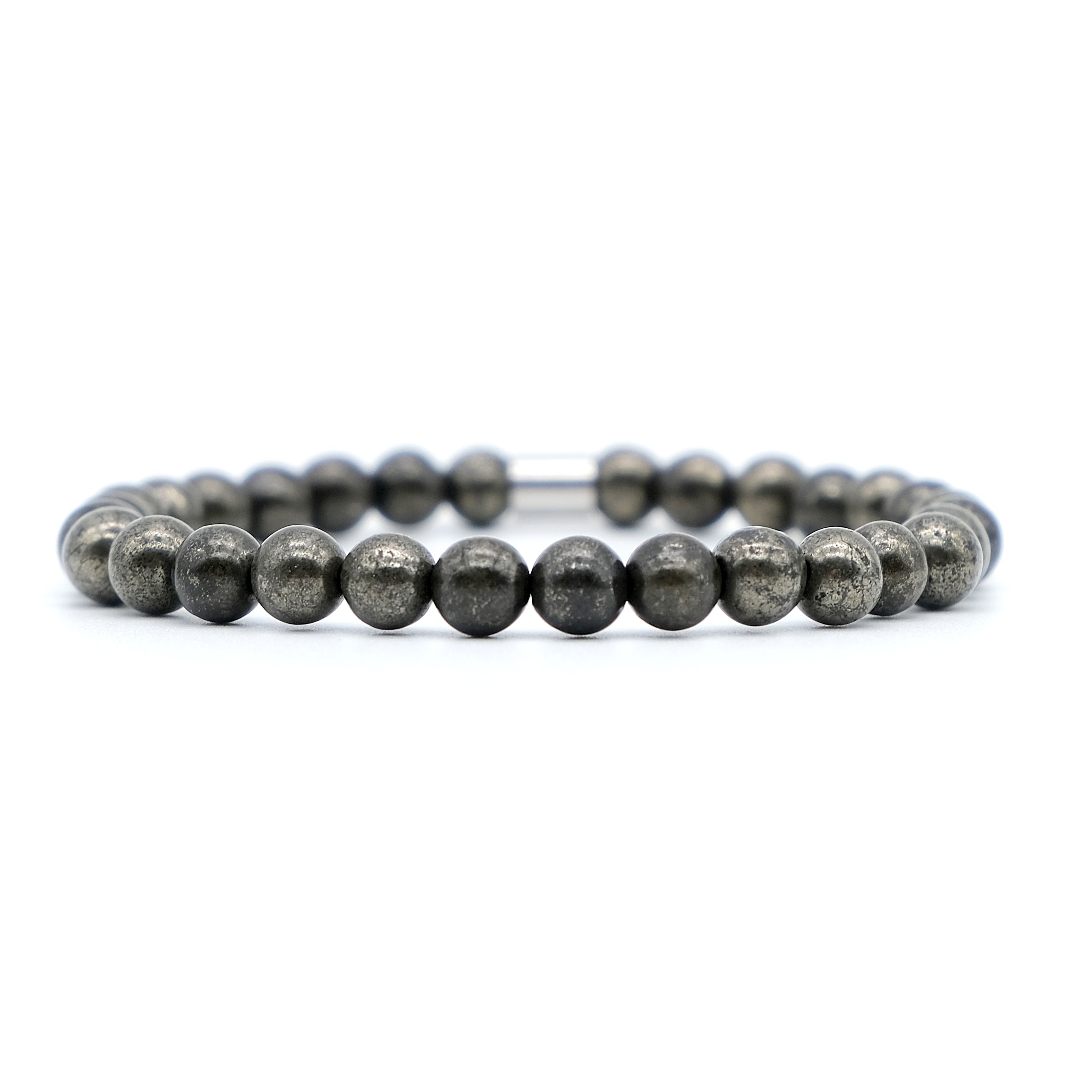 A pyrite gemstone bracelet in 5mm beads with steel accessory