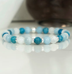 6mm Apatite Moonstone and Aquamarine Bracelet with silver accessories