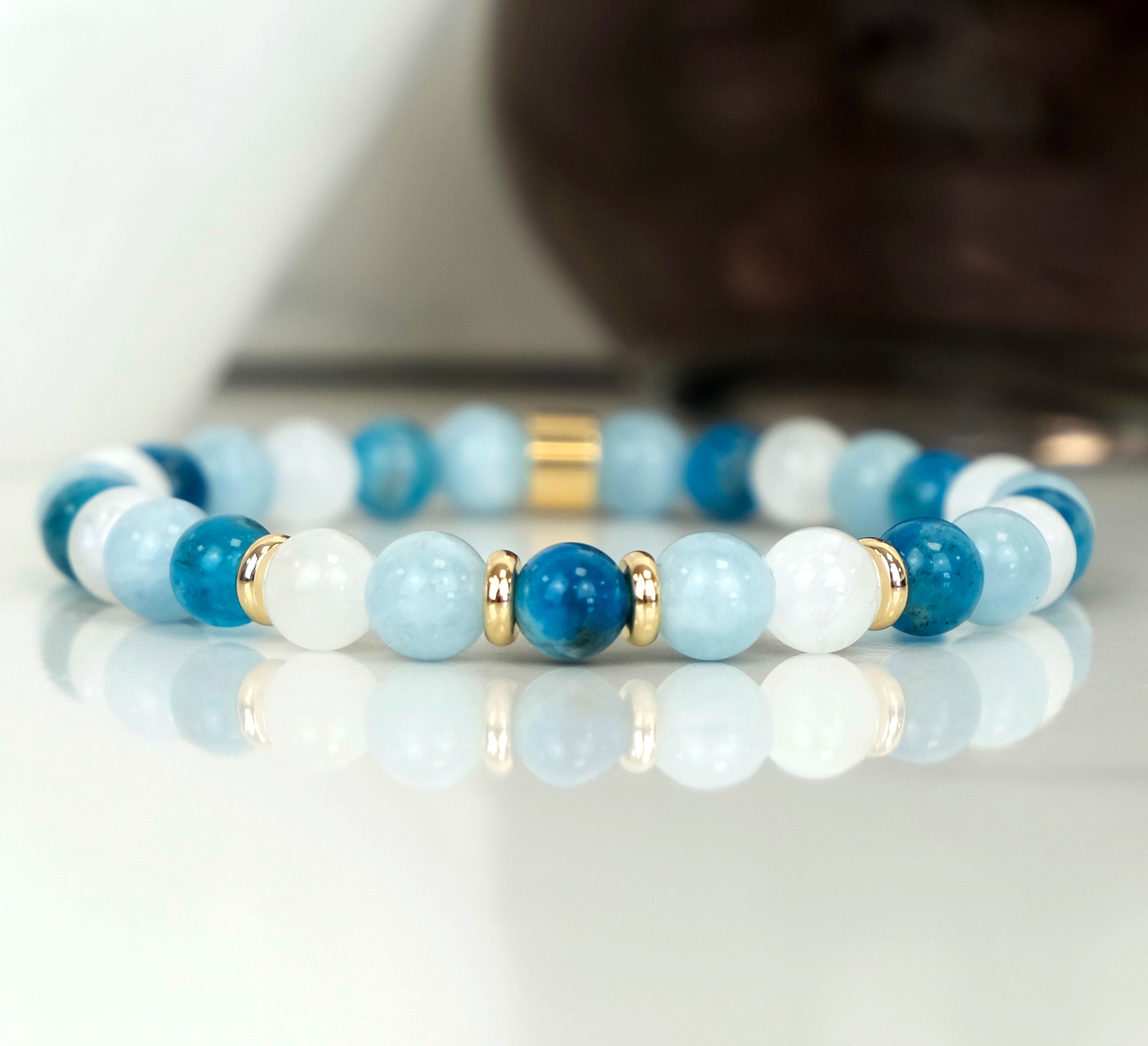Apatite Moonstone and Aquamarine Energy Gemstone Bracelet