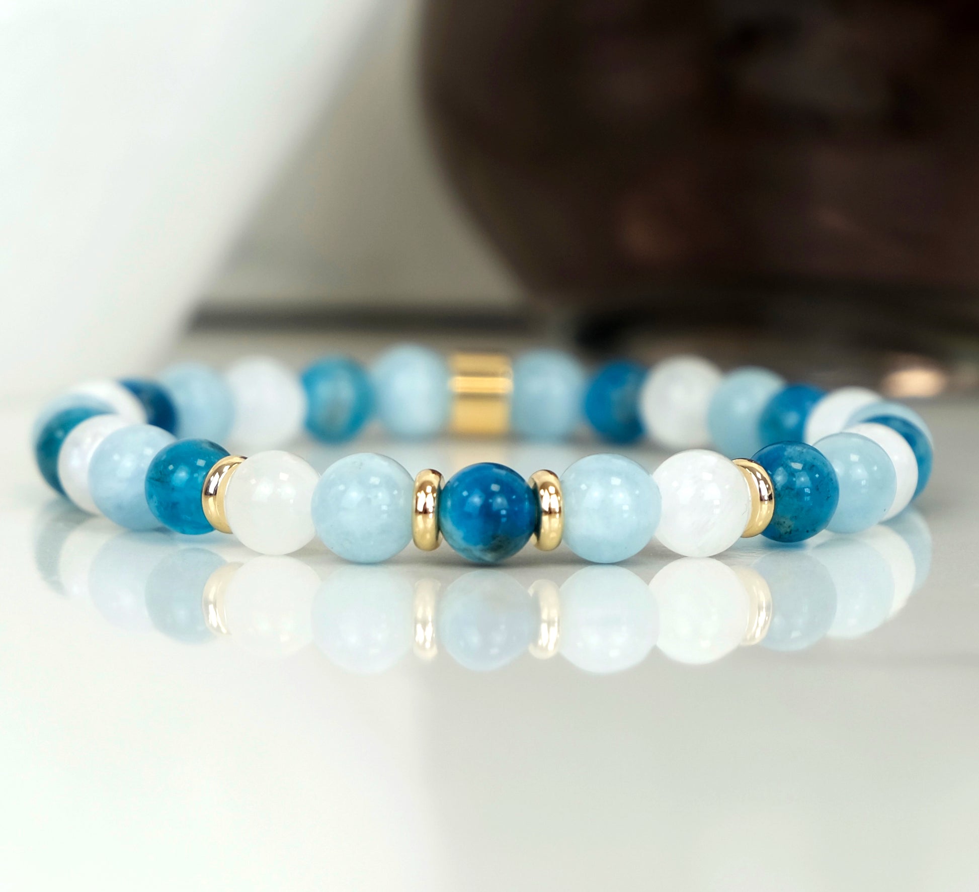 6mm Apatite Moonstone and Aquamarine Bracelet with gold accessories