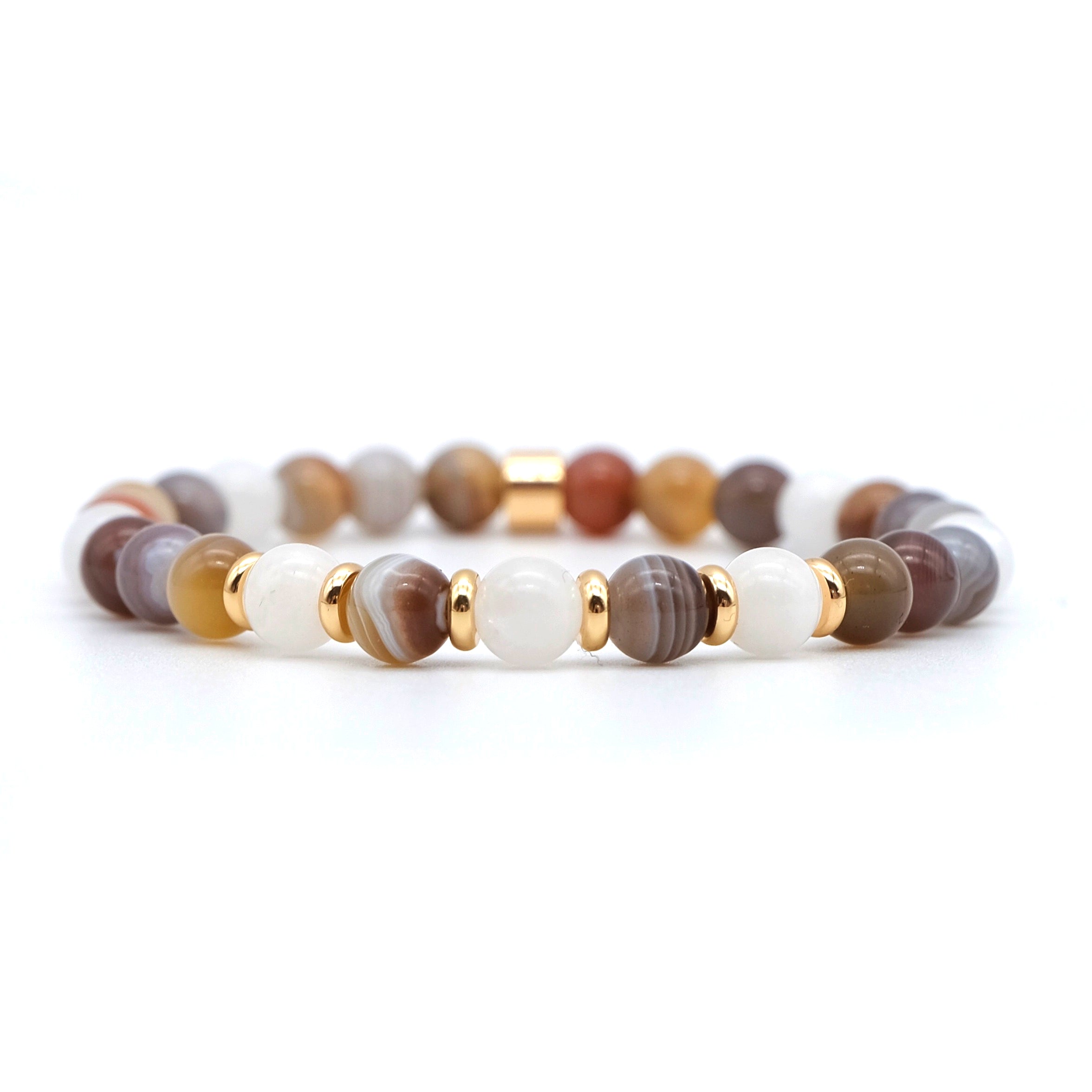 Botswana Agate and Moonstone gemstone bracelet in 6mm beads with gold accessories