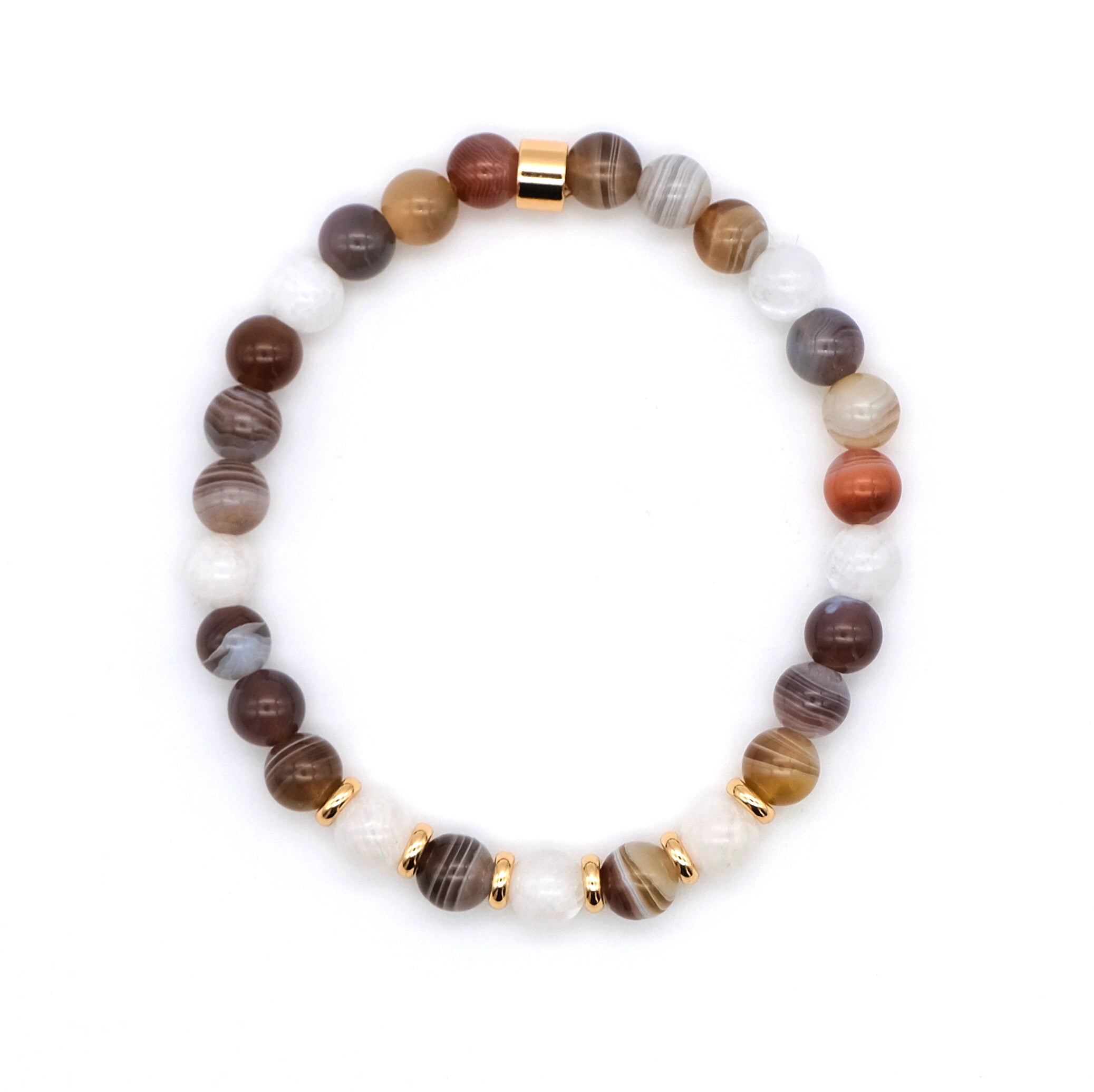 Botswana Agate and Moonstone gemstone bracelet in 6mm beads with gold accessories from above
