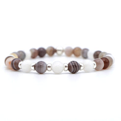 Botswana Agate and Moonstone gemstone bracelet in 6mm beads with silver accessories