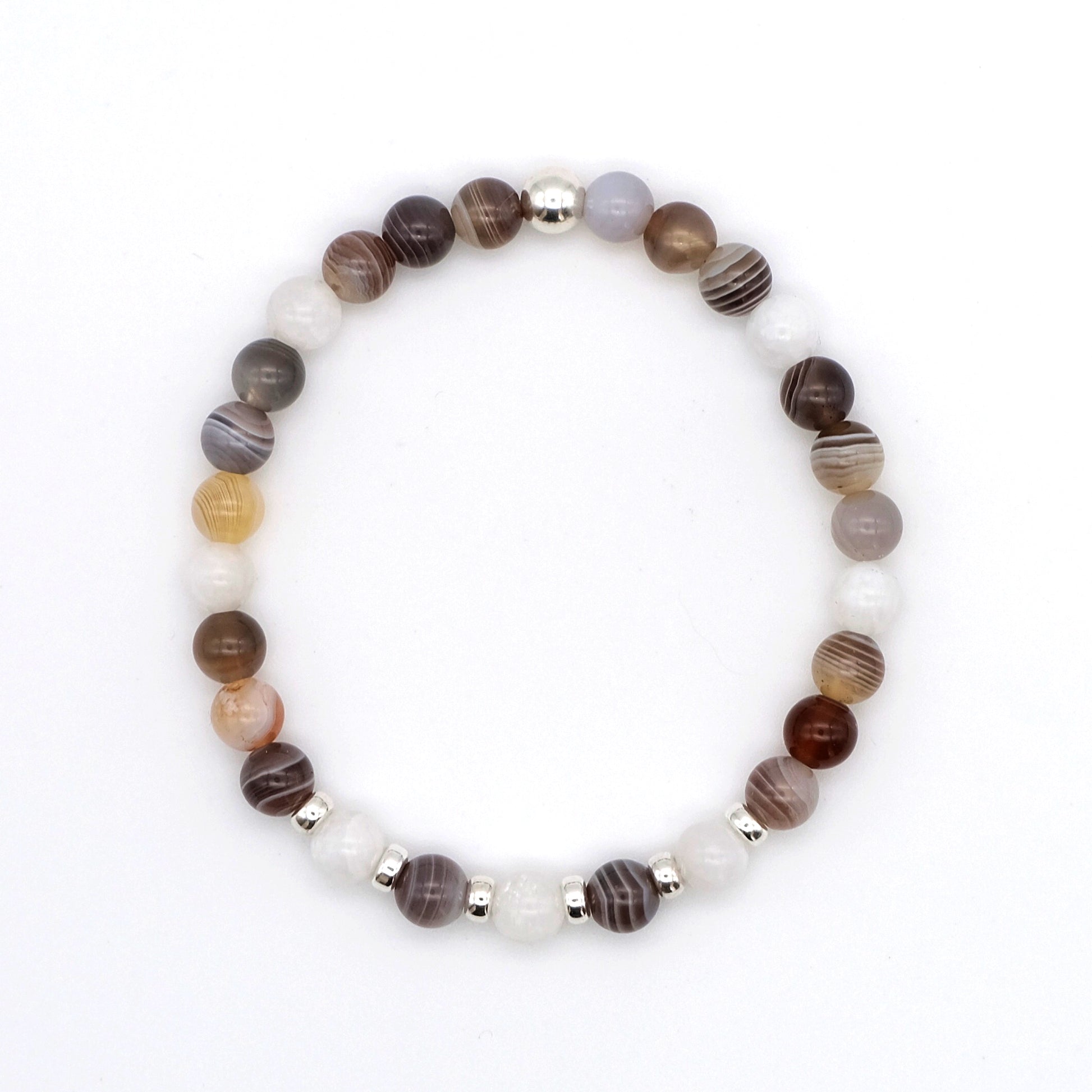 Botswana Agate and Moonstone gemstone bracelet in 6mm beads with silver accessories from above