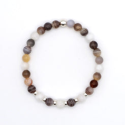 Botswana Agate and Moonstone gemstone bracelet in 6mm beads with silver accessories from above