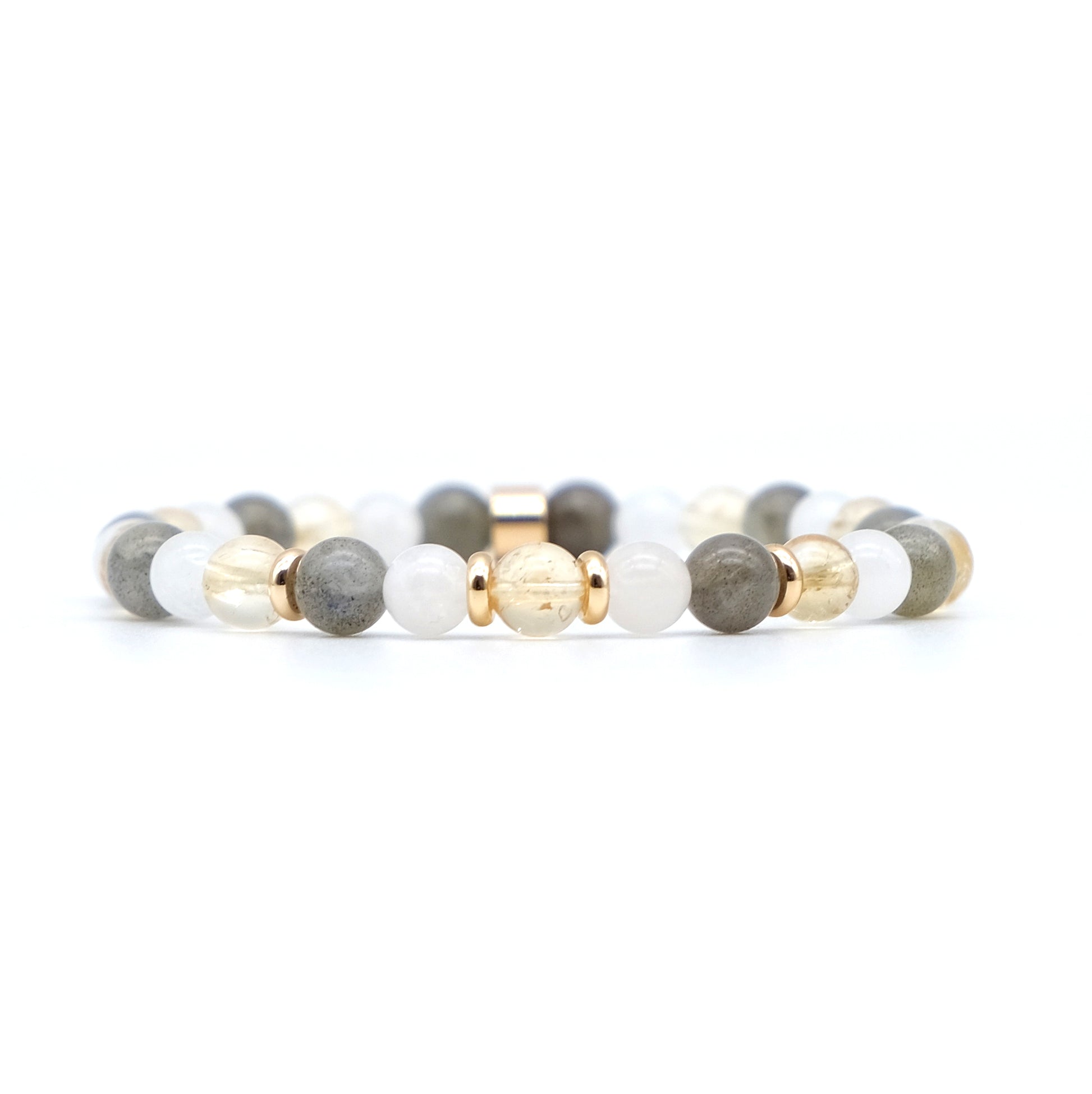A citrine, labradorite and moonstone gemstone bracelet in 6mm beads with gold accessories