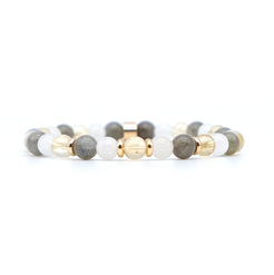 A citrine, labradorite and moonstone gemstone bracelet in 6mm beads with gold accessories