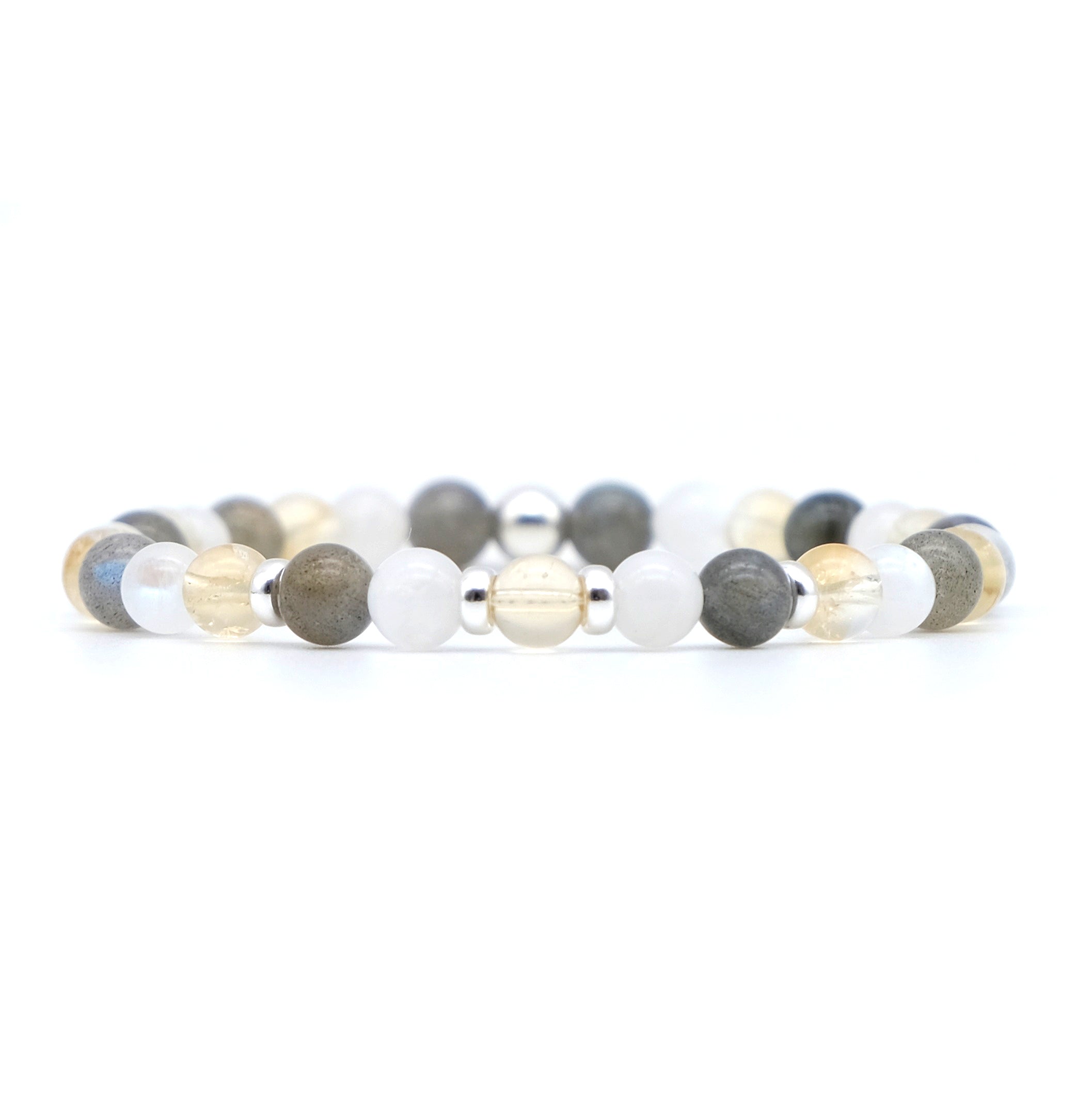 A citrine, labradorite and moonstone gemstone bracelet in 6mm beads with silver accessories