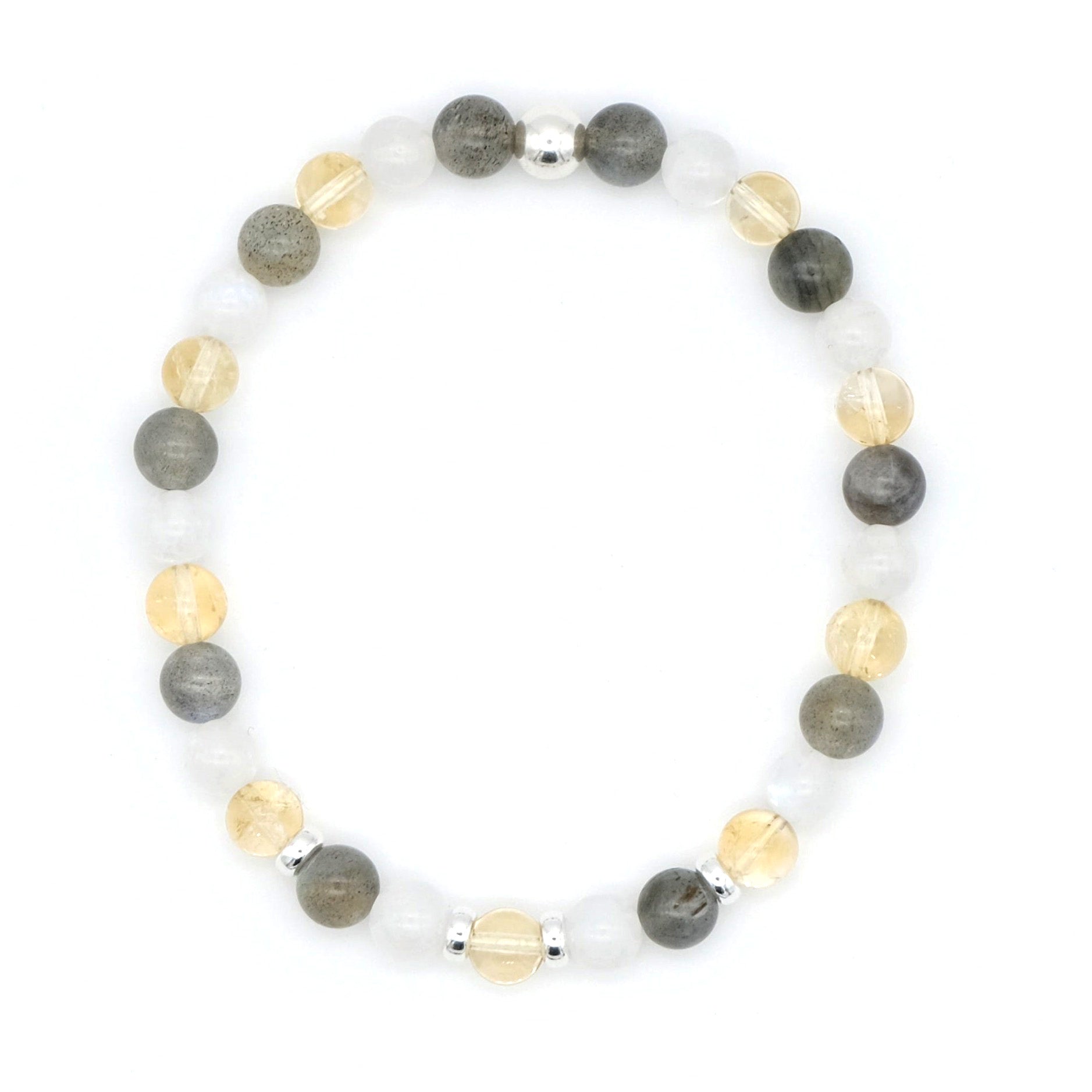 A citrine, labradorite and moonstone gemstone bracelet in 6mm beads with silver accessories from above