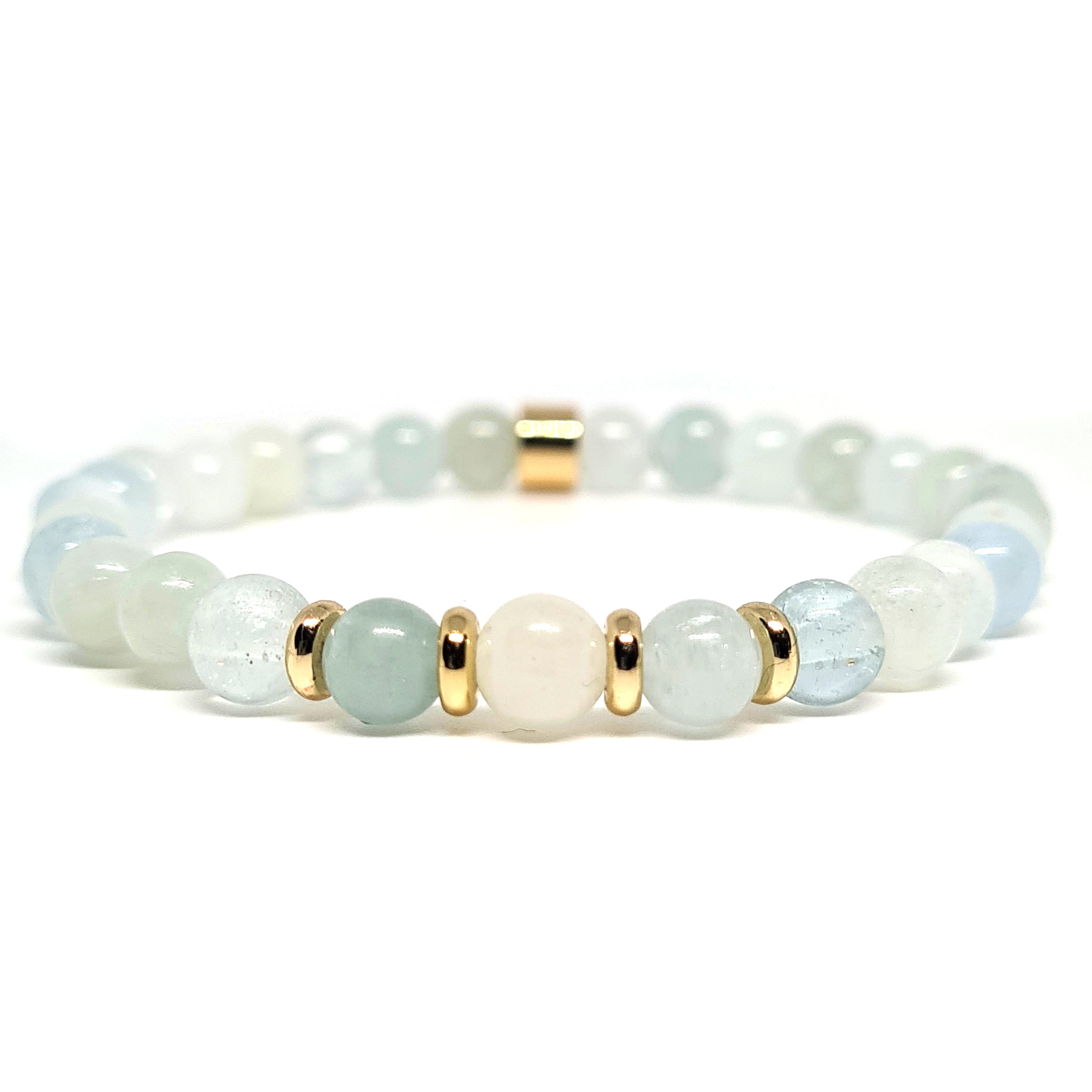 Aquamarine gemstone bracelet in 6mm beads with gold accessories