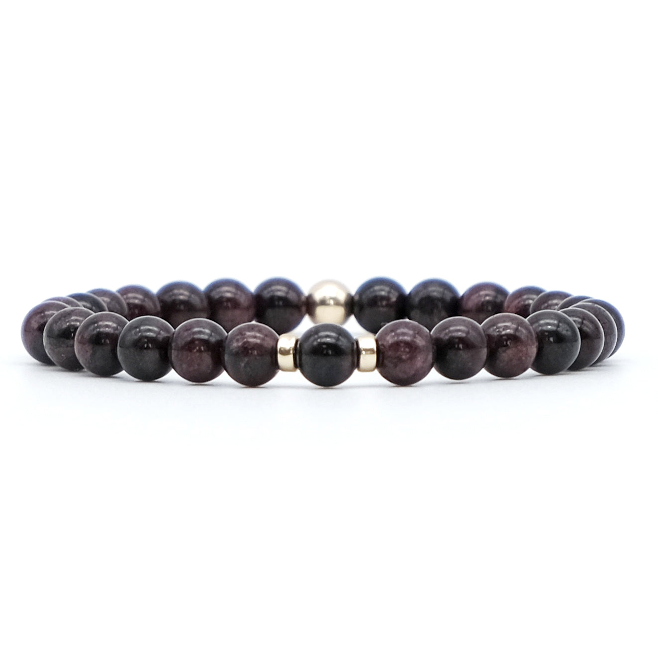 A garnet gemstone bracelet in 6mm beads with gold filled accessories