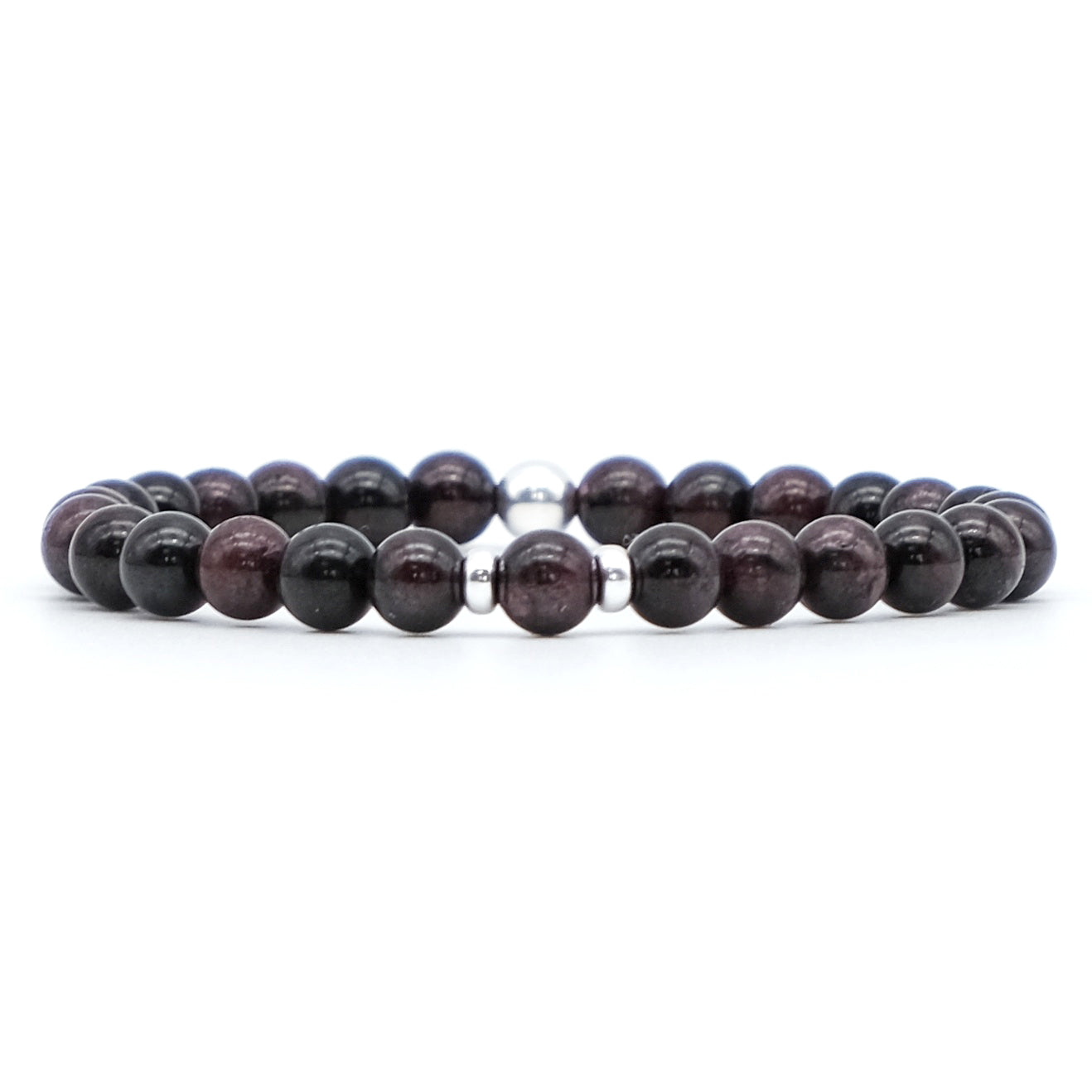 A garnet gemstone bracelet in 6mm beads with silver accessories