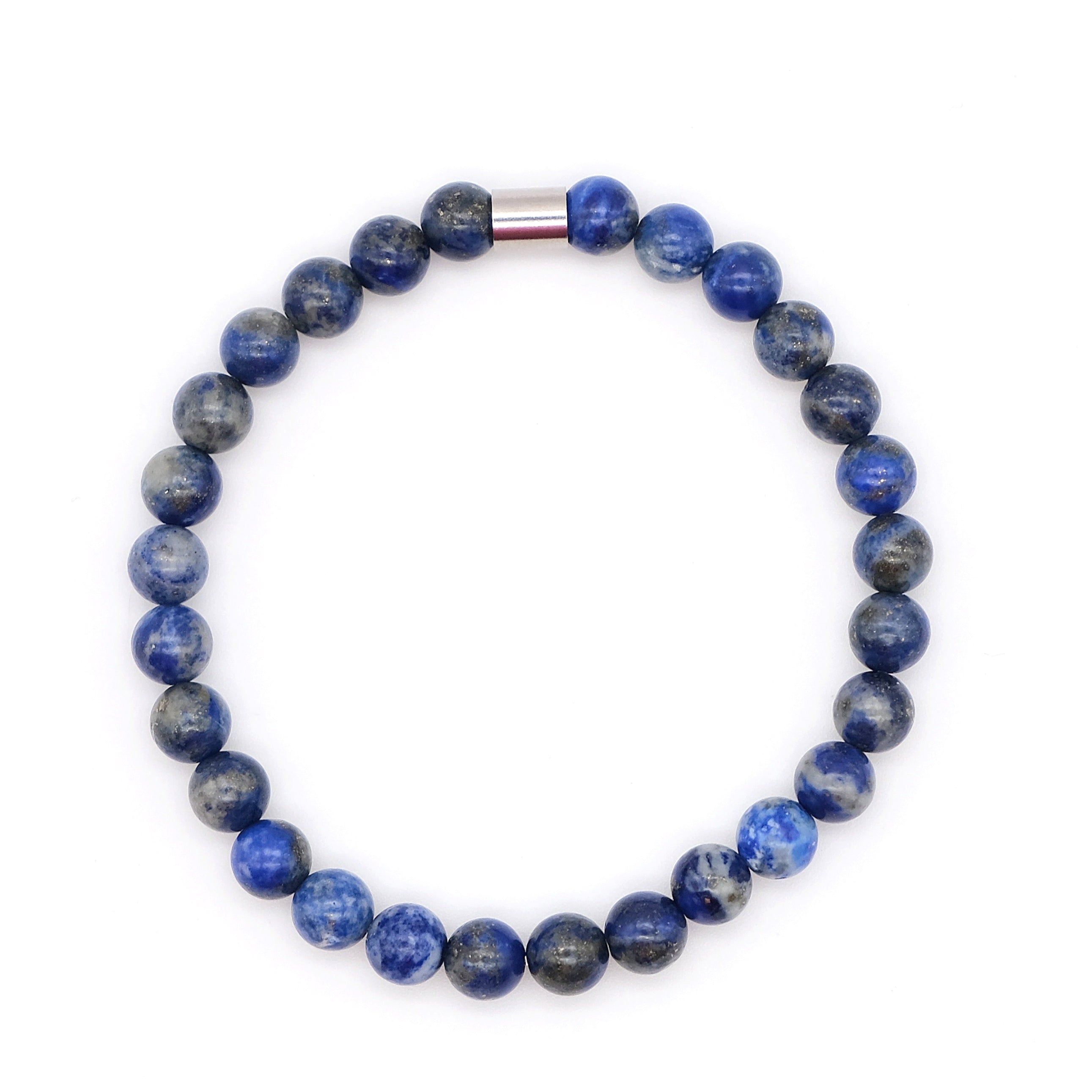 Lapis lazuli gemstone bracelet in 6mm beads with steel accessory from above