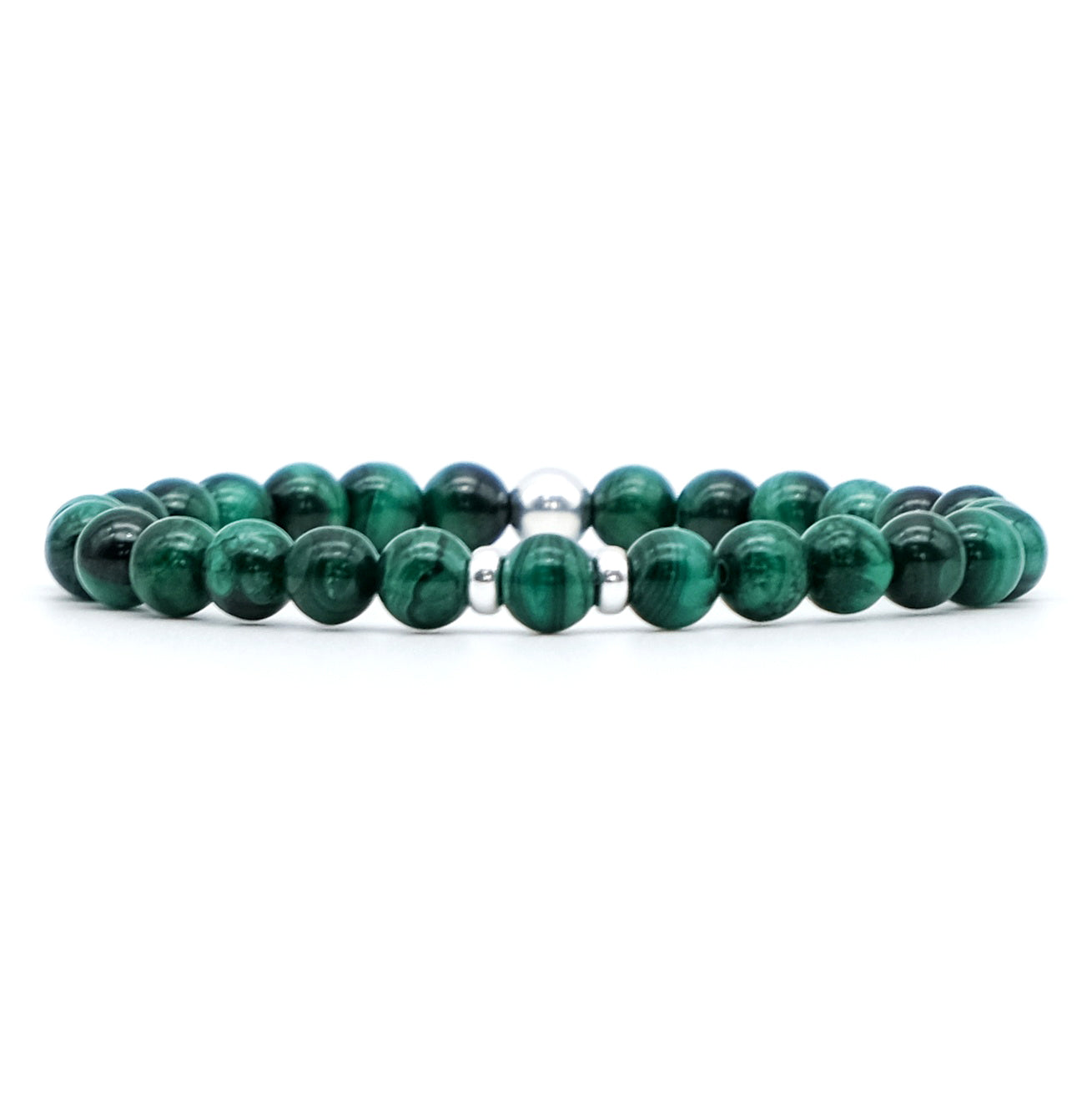 A malachite gemstone bracelet with silver accessories
