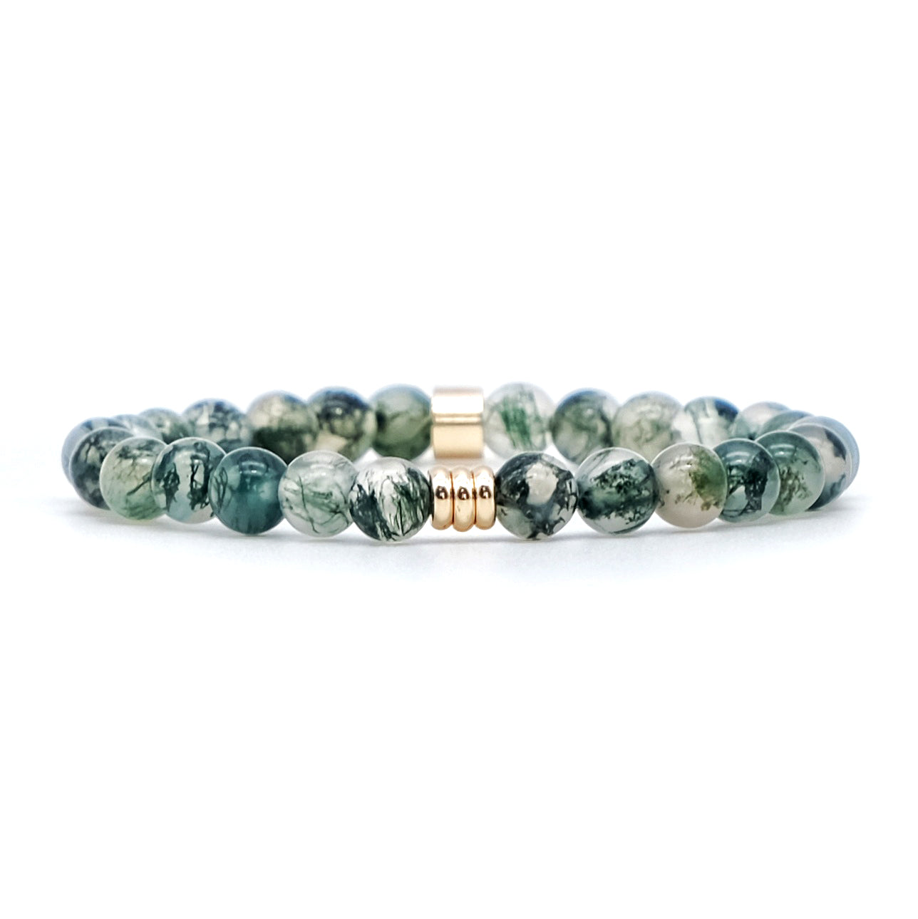 Moss agate gemstone bracelet in 6mm beads with gold accessories