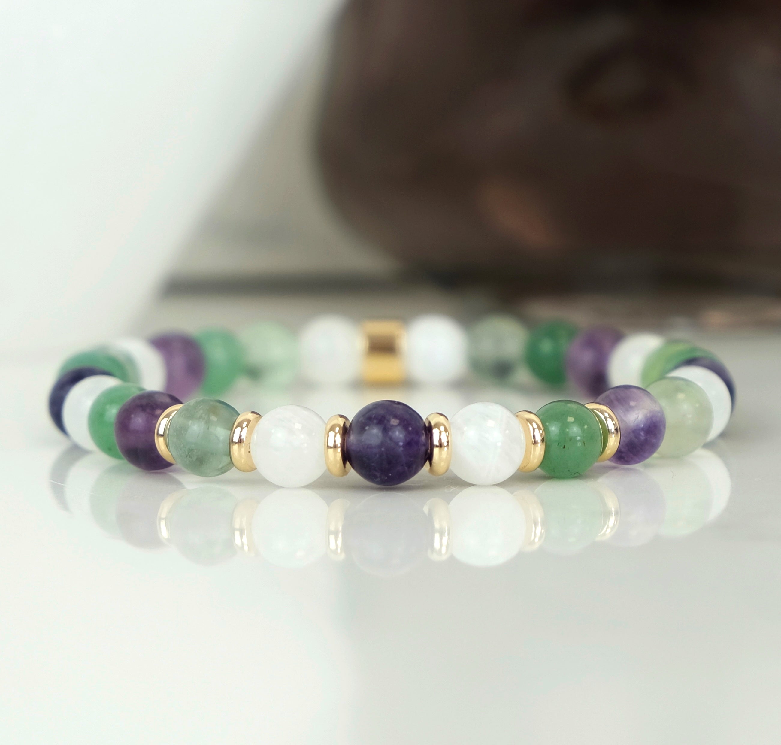 Amethyst, Aventurine and Moonstone 6mm gemstone bracelet with 18ct gold plated accessories