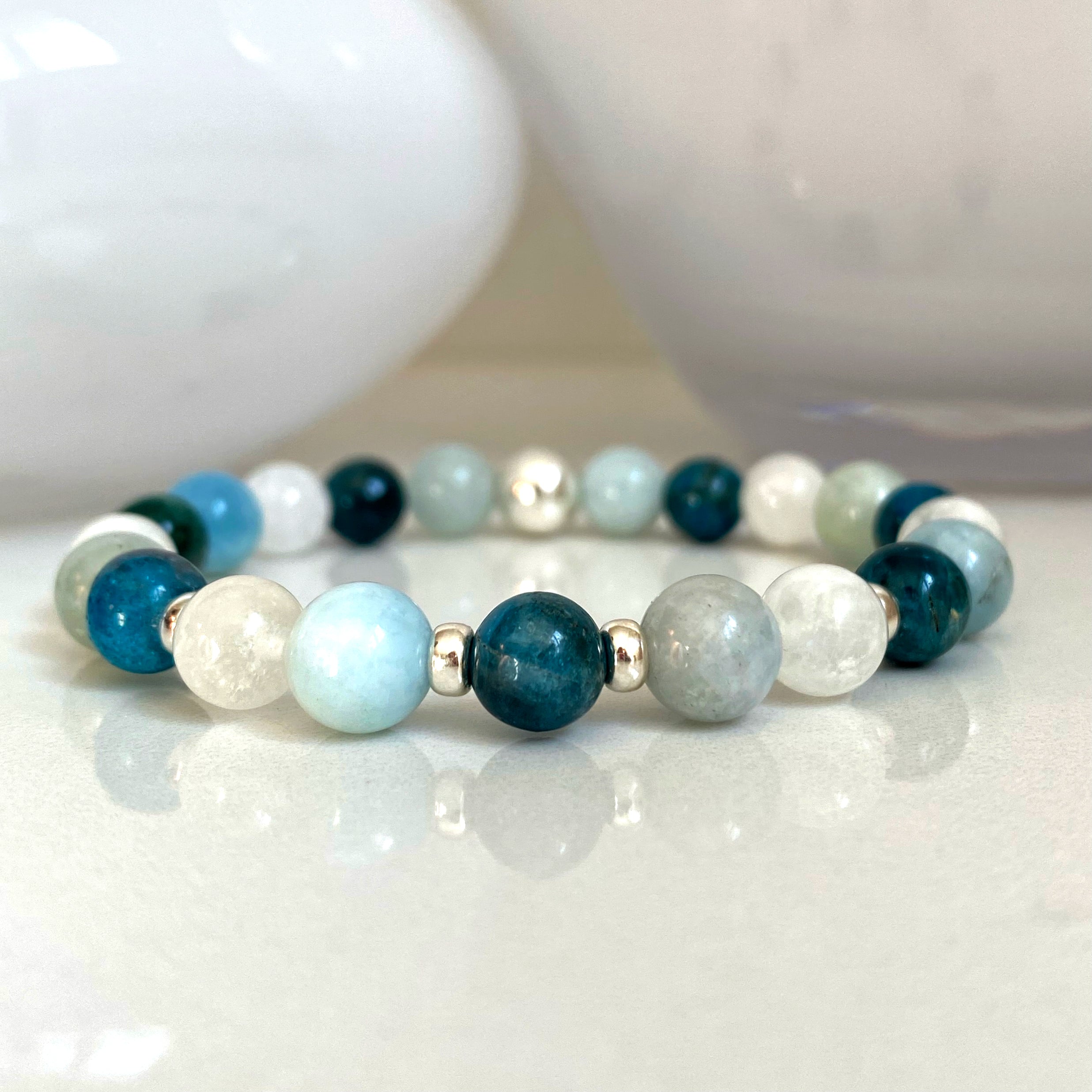 6mm Apatite Moonstone and Aquamarine Bracelet with silver accessories