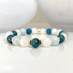 8mm Apatite Moonstone and Aquamarine Bracelet with gold accessories