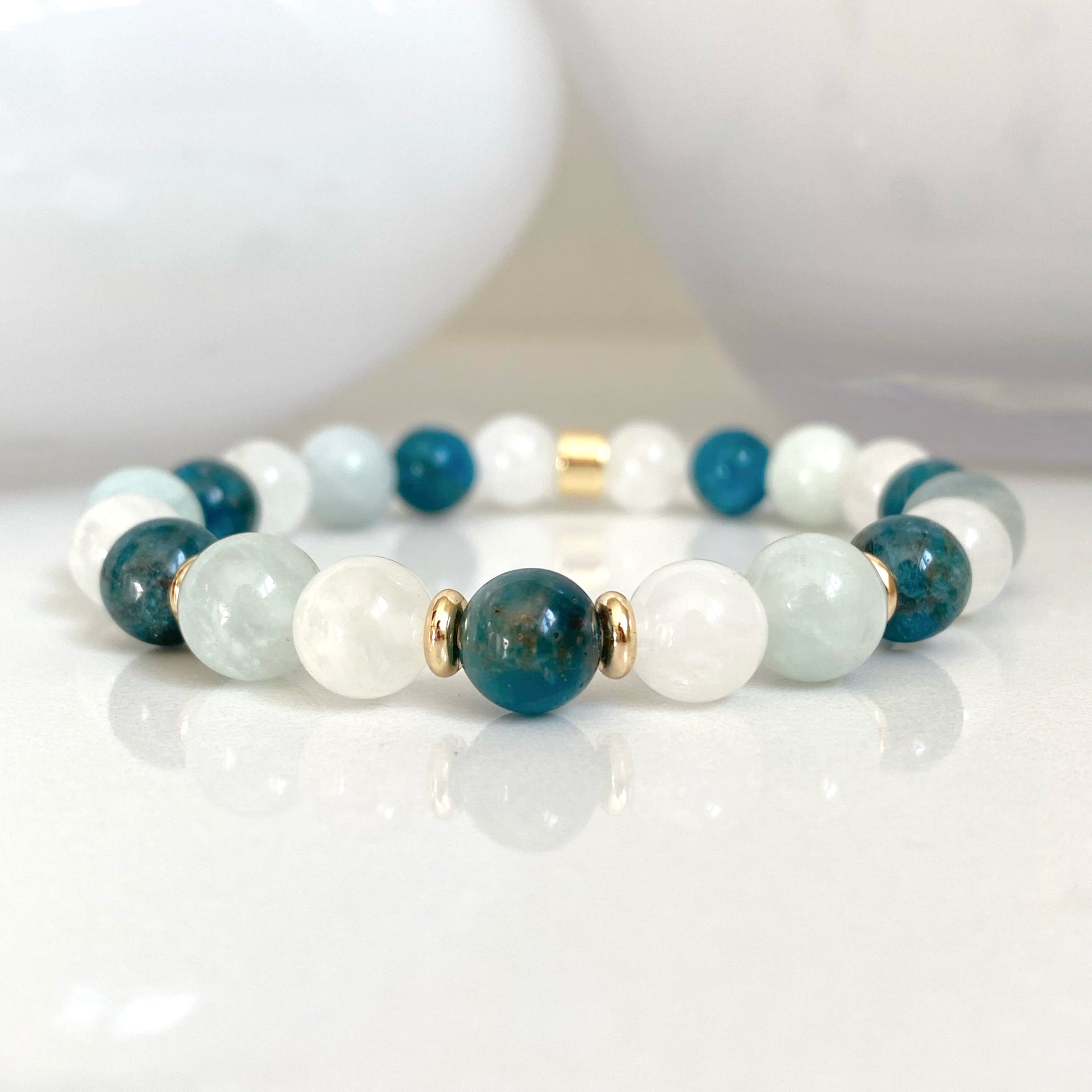 8mm Apatite Moonstone and Aquamarine Bracelet with gold accessories