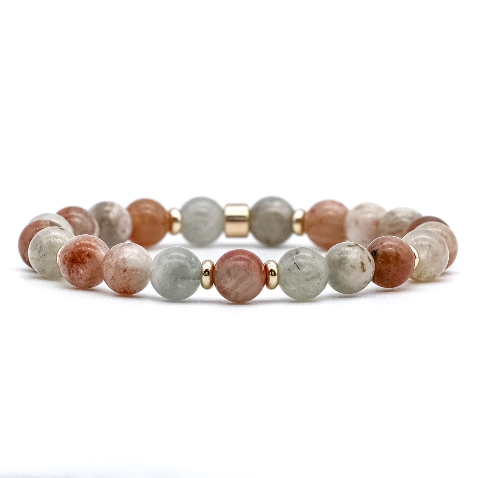 Arusha sunstone gemstone bracelet in 8mm with 18ct gold plated accessories