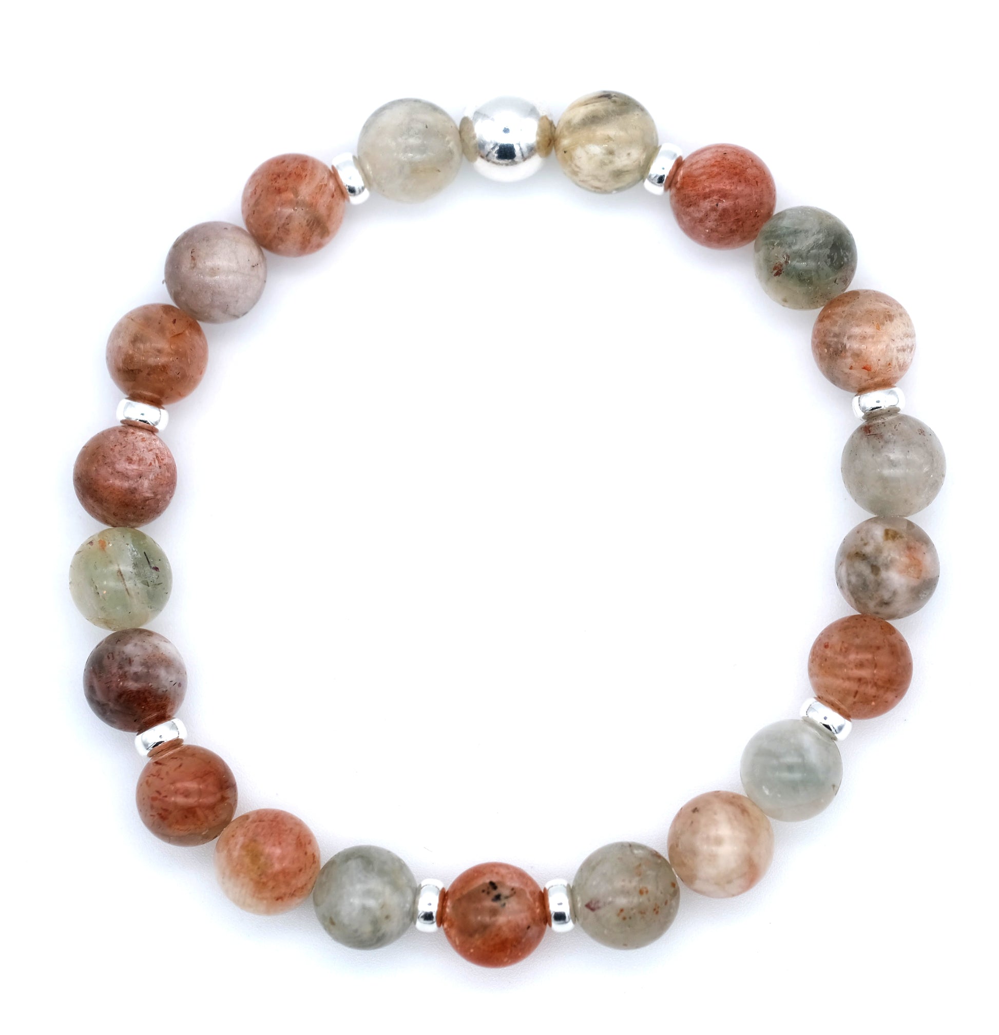above shot of Arusha sunstone gemstone bracelet in 8mm with 925 silver accessories