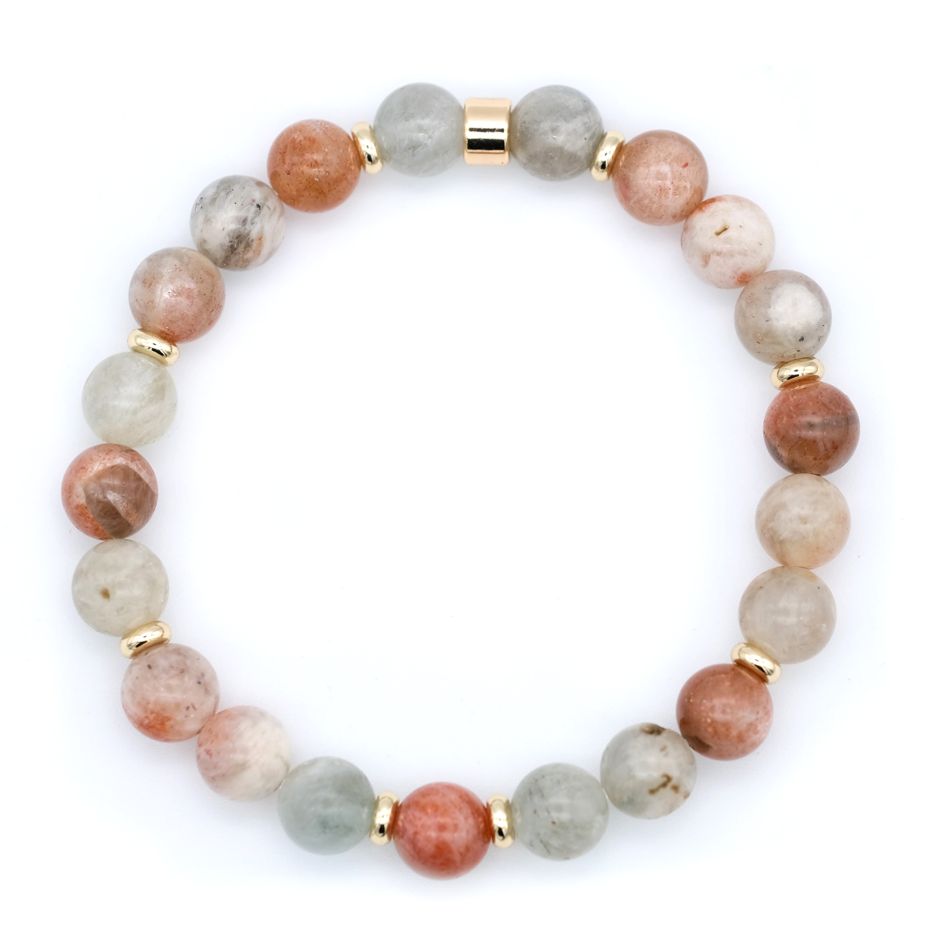 above shot of a Arusha sunstone gemstone bracelet in 8mm with 18ct gold plated accessories